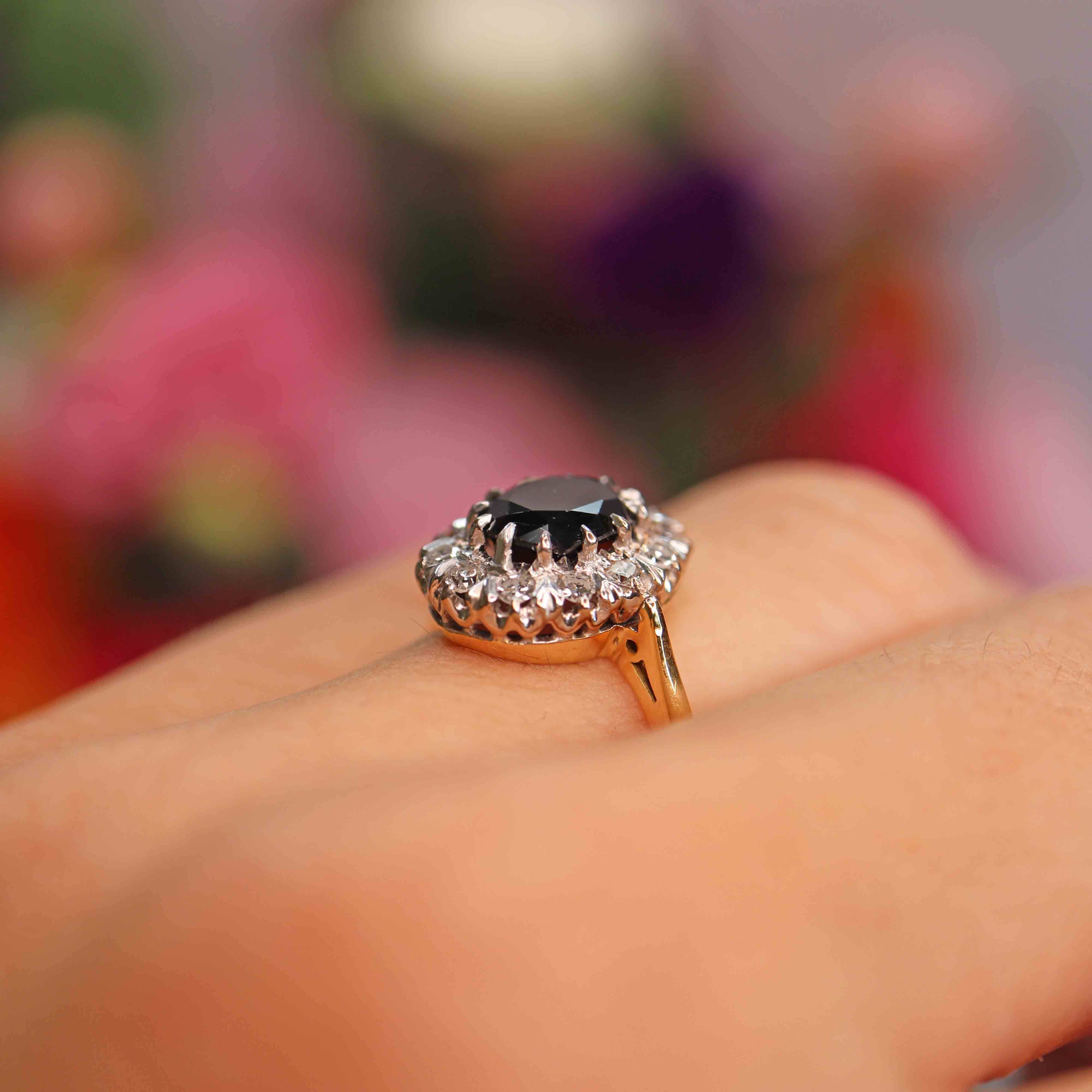 Ellibelle Jewellery Vintage Dark Sapphire & Diamond 18ct Gold Platinum Oval Cluster Ring (1.76cts)