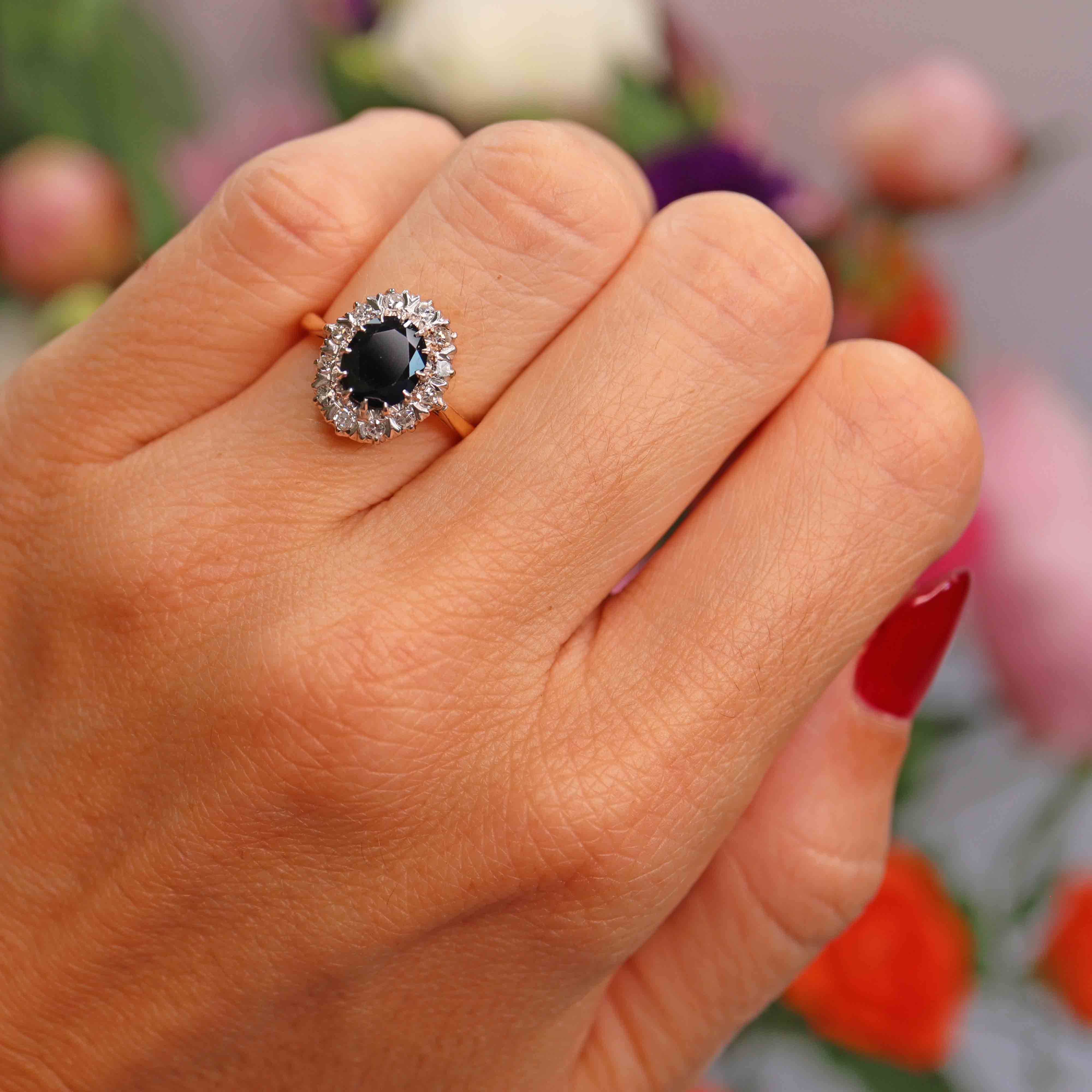 Ellibelle Jewellery Vintage Dark Sapphire & Diamond 18ct Gold Platinum Oval Cluster Ring (1.76cts)