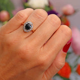 Ellibelle Jewellery Vintage Dark Sapphire & Diamond 18ct Gold Platinum Oval Cluster Ring (1.76cts)