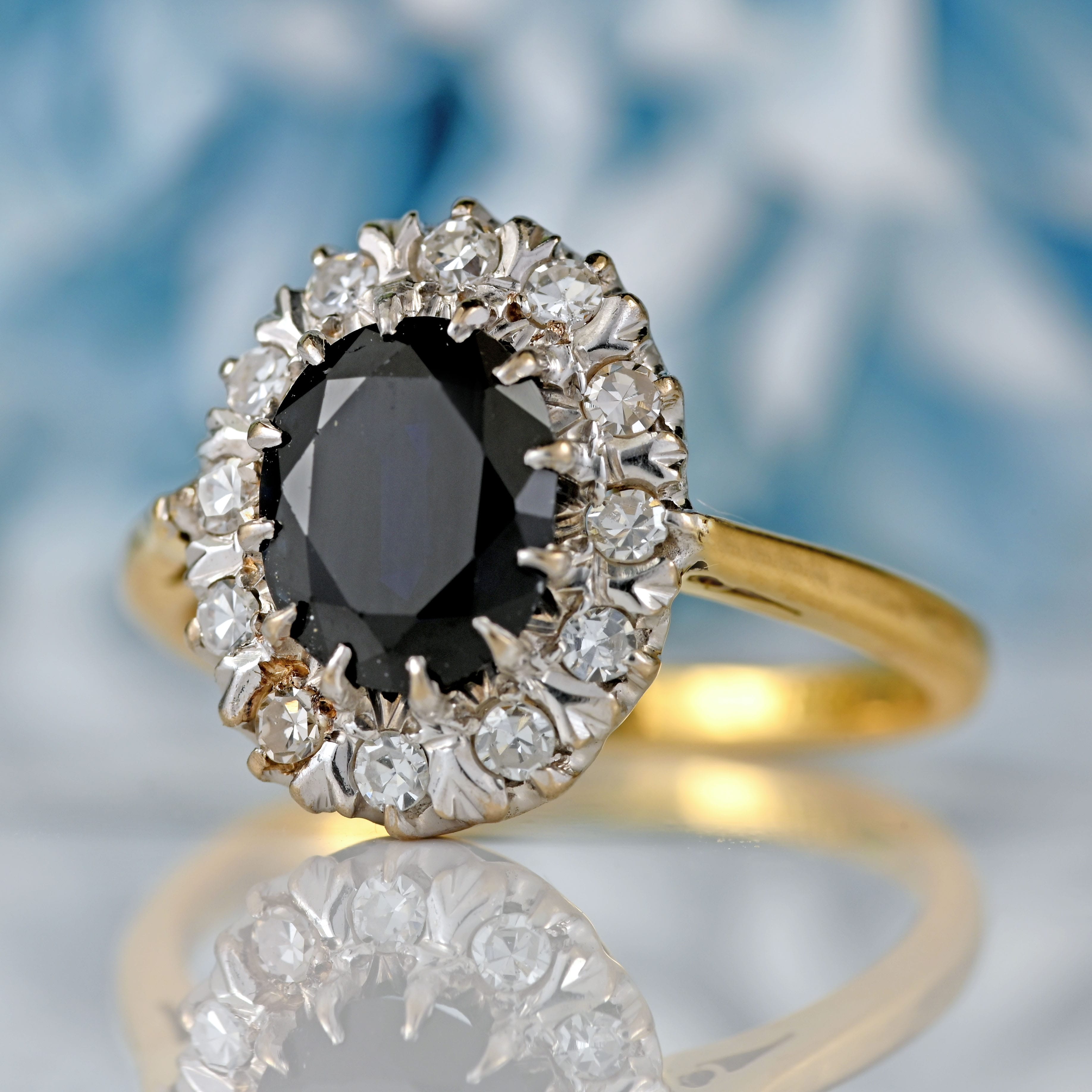Ellibelle Jewellery Vintage Dark Sapphire & Diamond 18ct Gold Platinum Oval Cluster Ring (1.76cts)