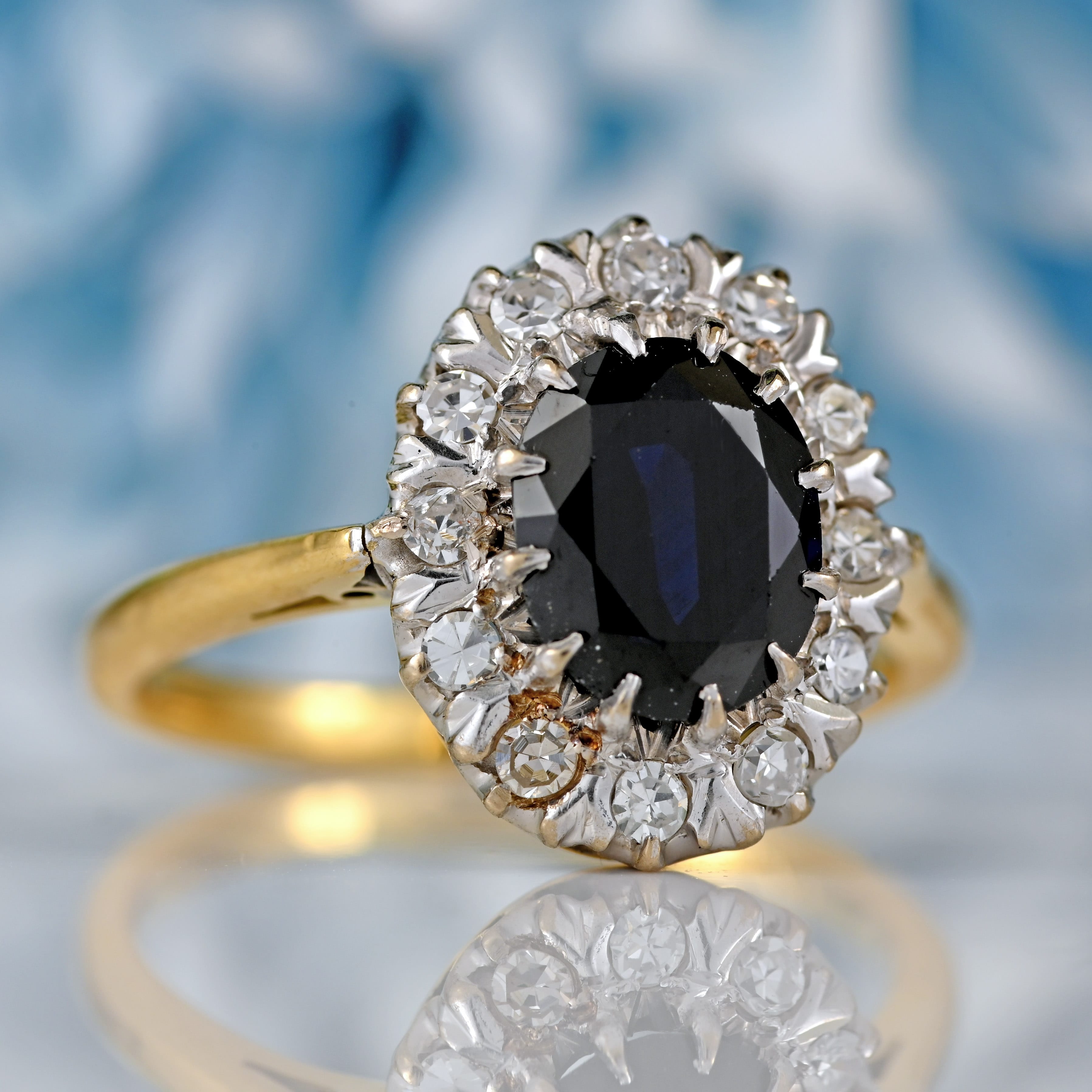 Ellibelle Jewellery Vintage Dark Sapphire & Diamond 18ct Gold Platinum Oval Cluster Ring (1.76cts)