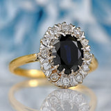 Ellibelle Jewellery Vintage Dark Sapphire & Diamond 18ct Gold Platinum Oval Cluster Ring (1.76cts)