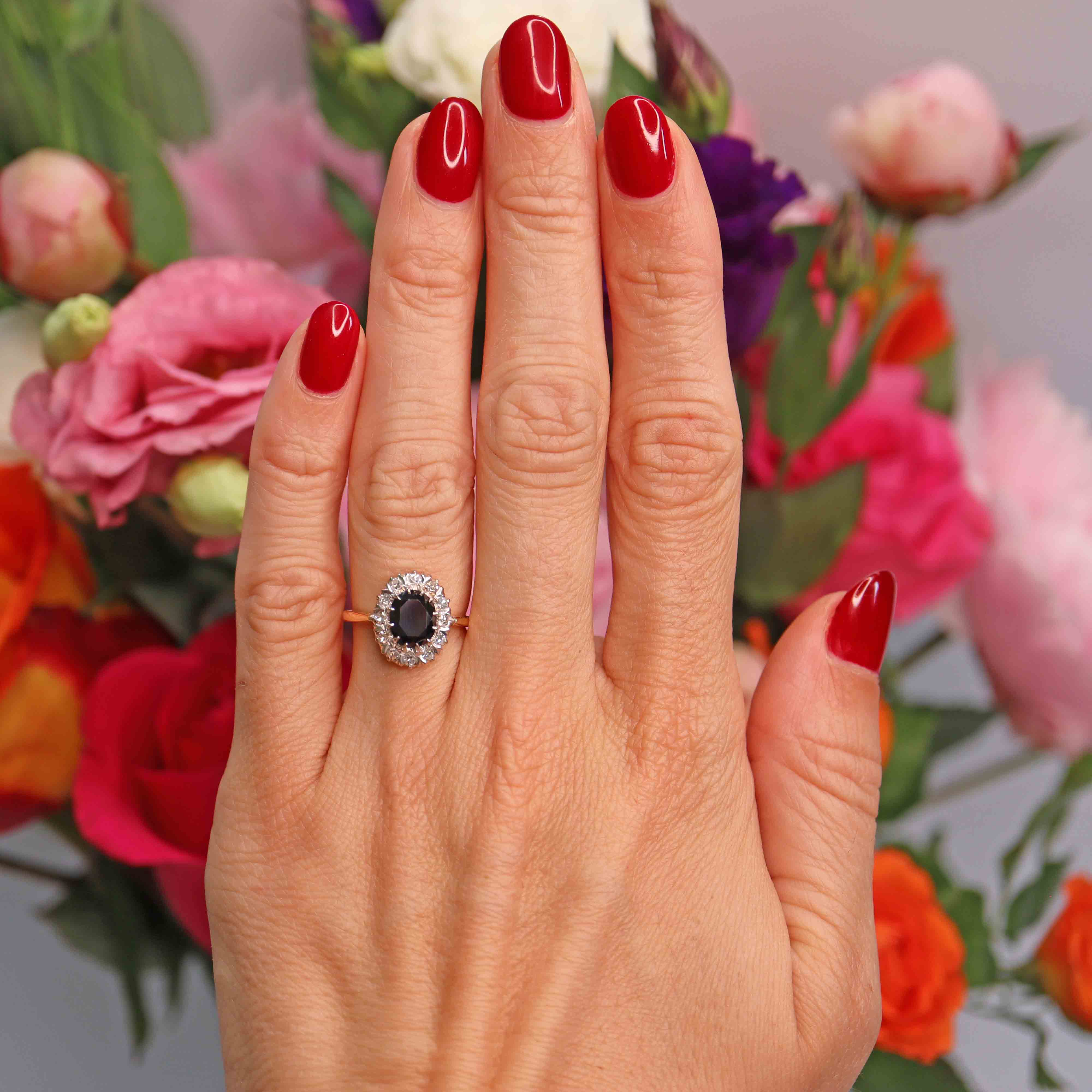 Ellibelle Jewellery Vintage Dark Sapphire & Diamond 18ct Gold Platinum Oval Cluster Ring (1.76cts)