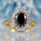 Ellibelle Jewellery Vintage Dark Sapphire & Diamond 18ct Gold Platinum Oval Cluster Ring (1.76cts)