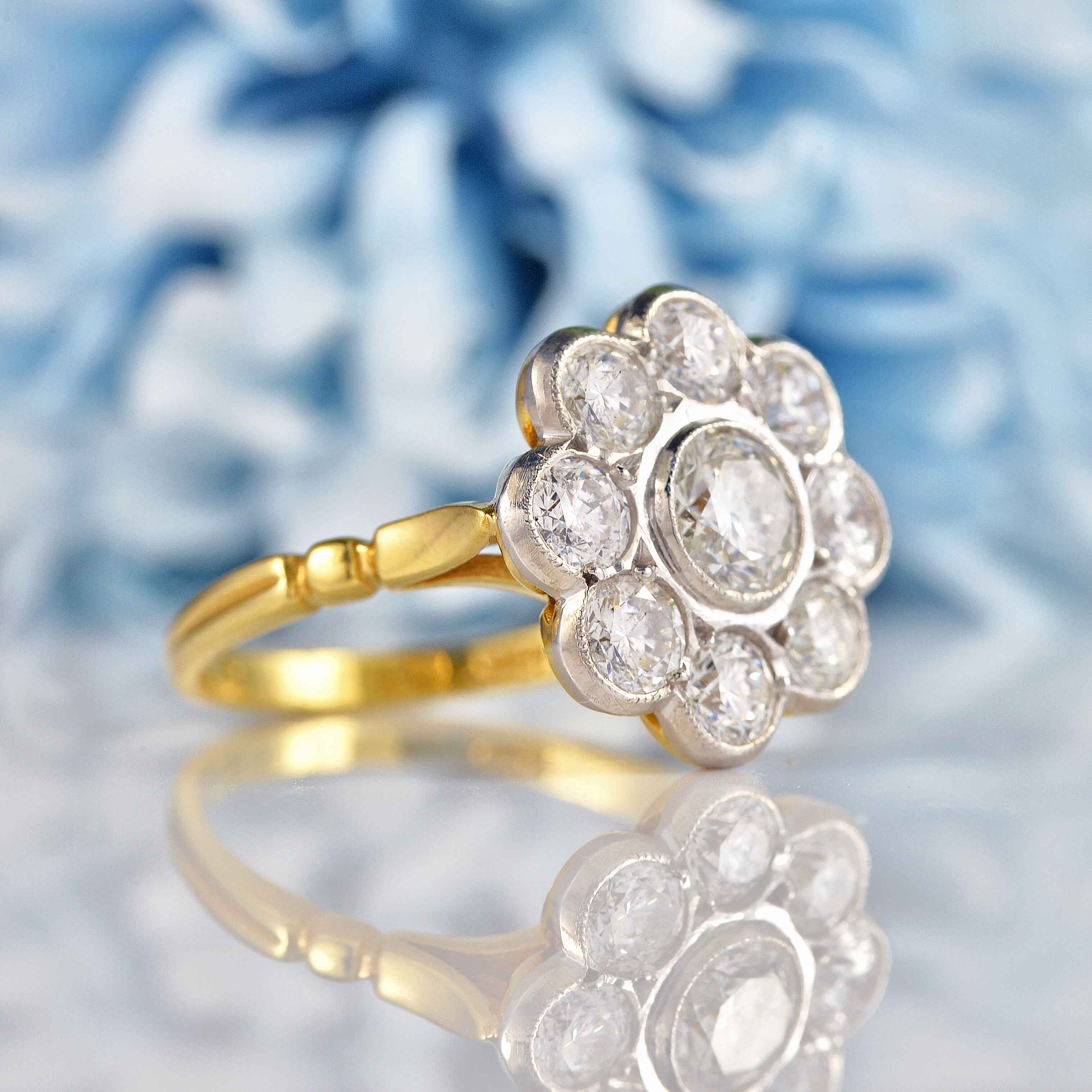 Ellibelle Jewellery Vintage Diamond 18ct Gold Daisy Cluster Engagement Ring (2.20ct)