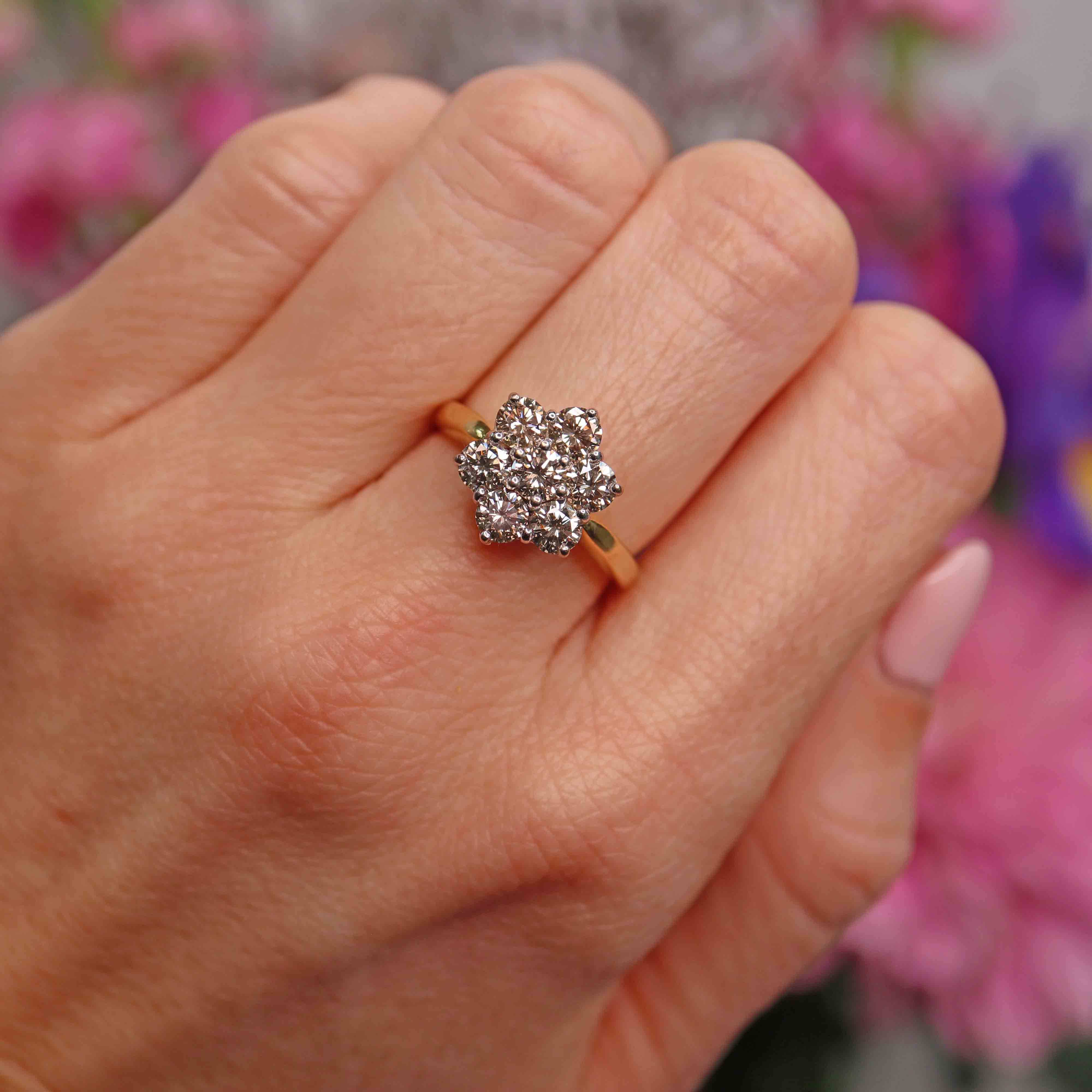Ellibelle Jewellery Vintage Diamond 18ct Gold Daisy Cluster Ring (1.50cts)