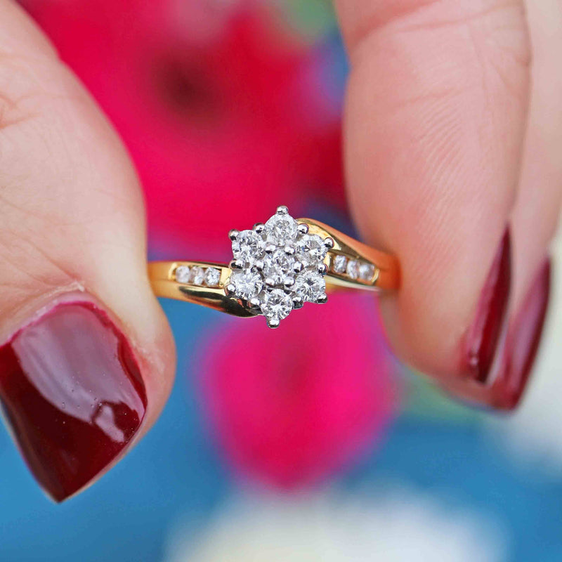 Ellibelle Jewellery Vintage Diamond 18ct Gold Daisy Crossover Cluster Ring (0.50cts)