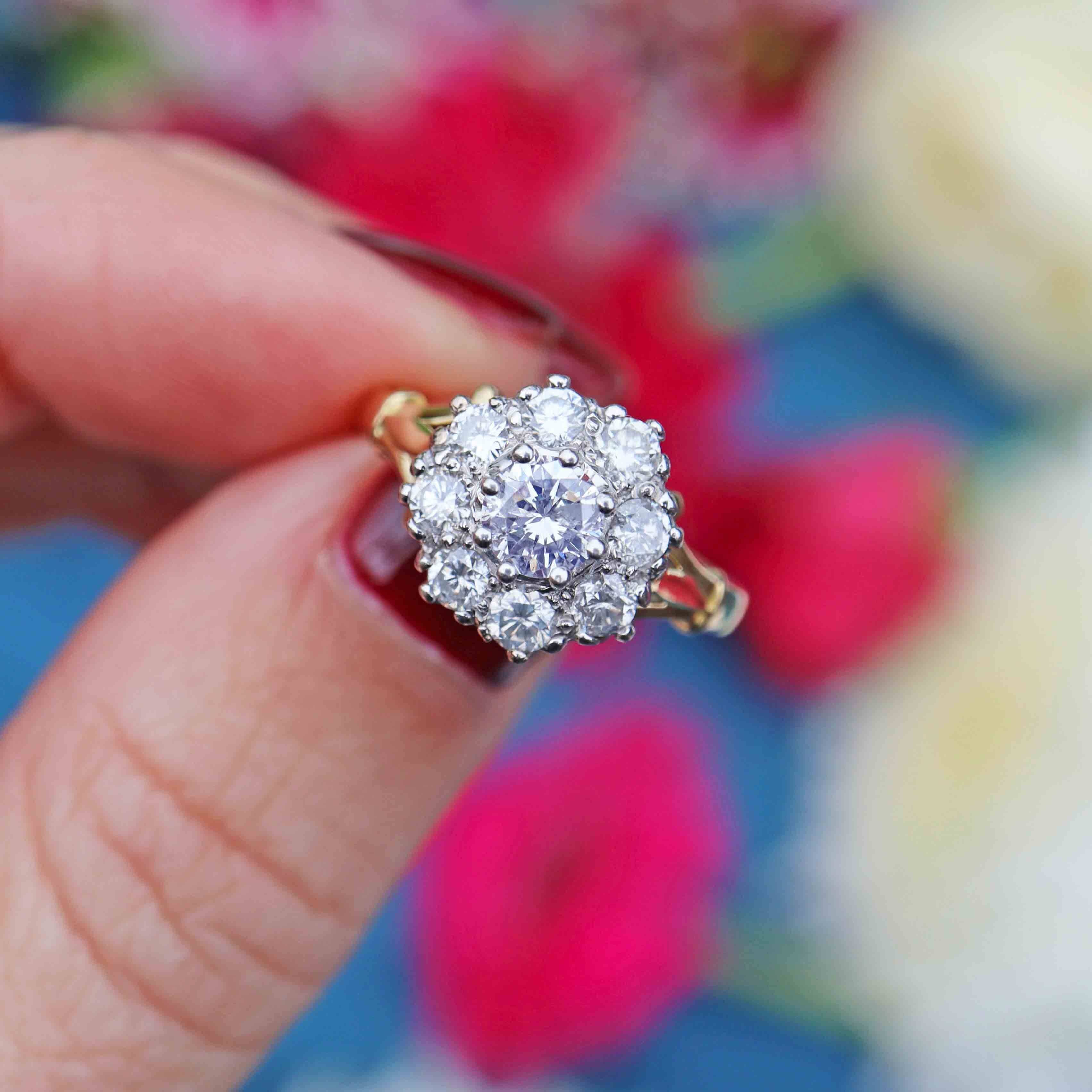 Ellibelle Jewellery Vintage Diamond 18ct Gold Nine-Stone Cluster Ring (1.30cts)