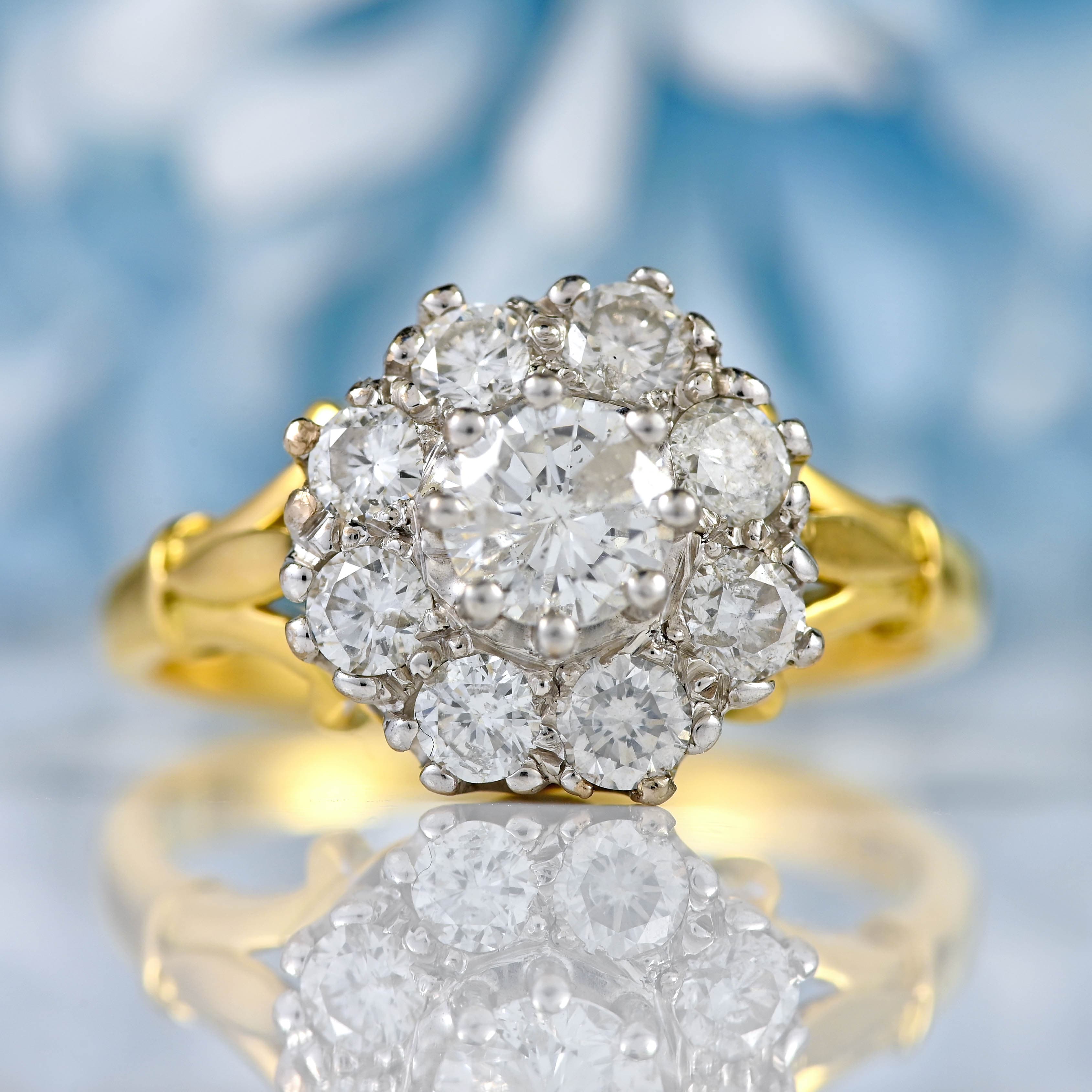 Ellibelle Jewellery Vintage Diamond 18ct Gold Nine-Stone Cluster Ring (1.30cts)