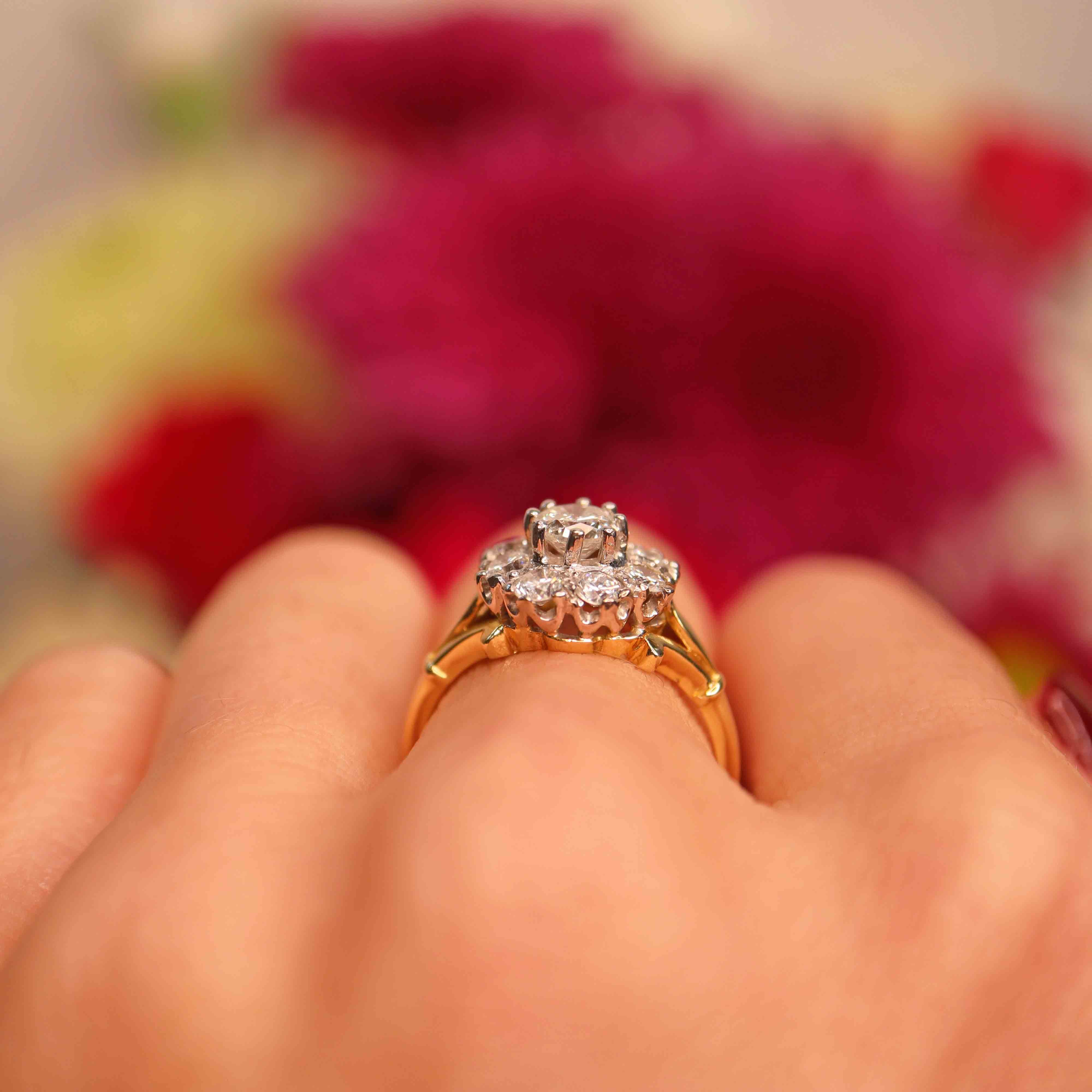 Ellibelle Jewellery Vintage Diamond 18ct Gold Nine-Stone Cluster Ring (1.30cts)