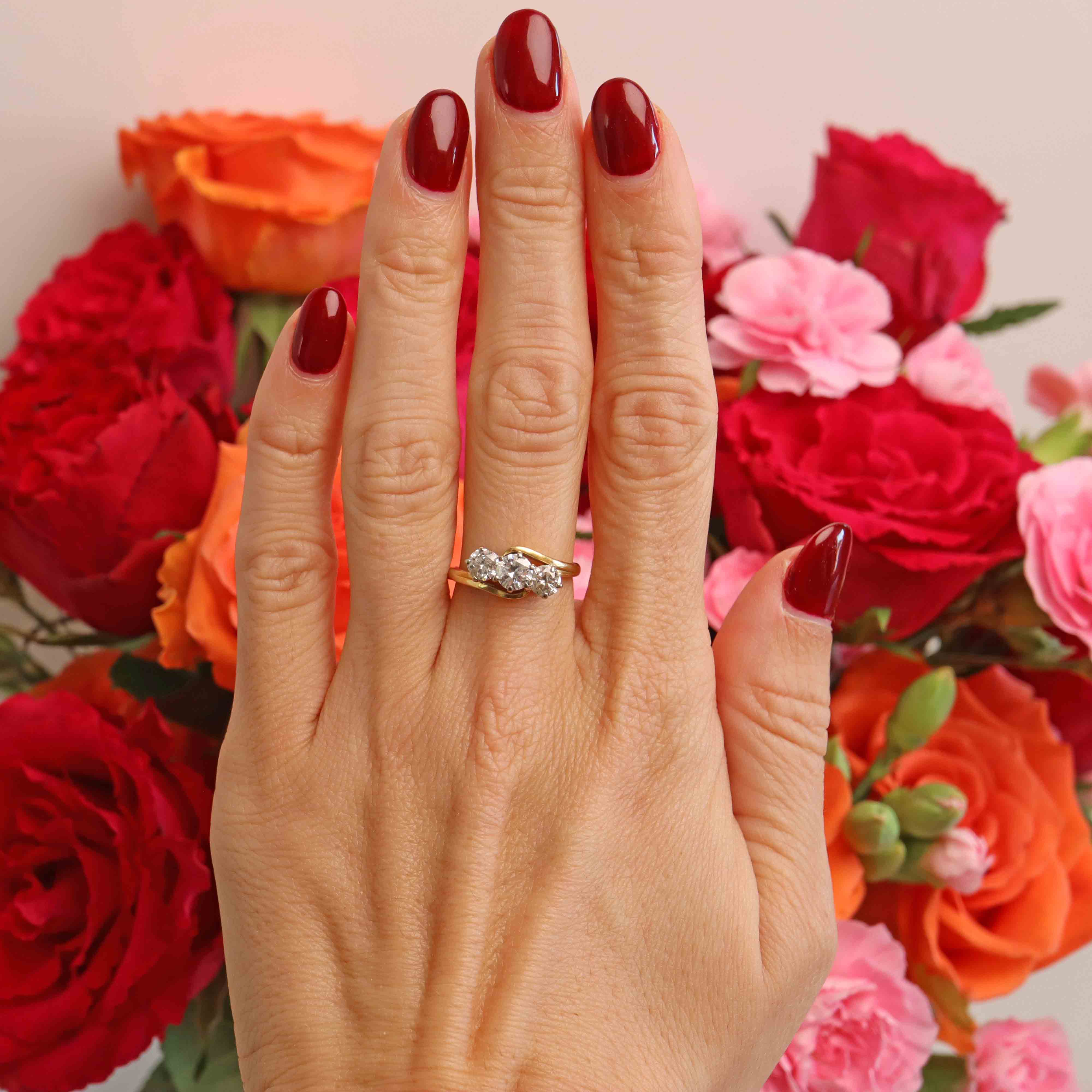 Ellibelle Jewellery Vintage Diamond 18ct Gold Three-Stone Crossover Engagement Ring (1.20cts)