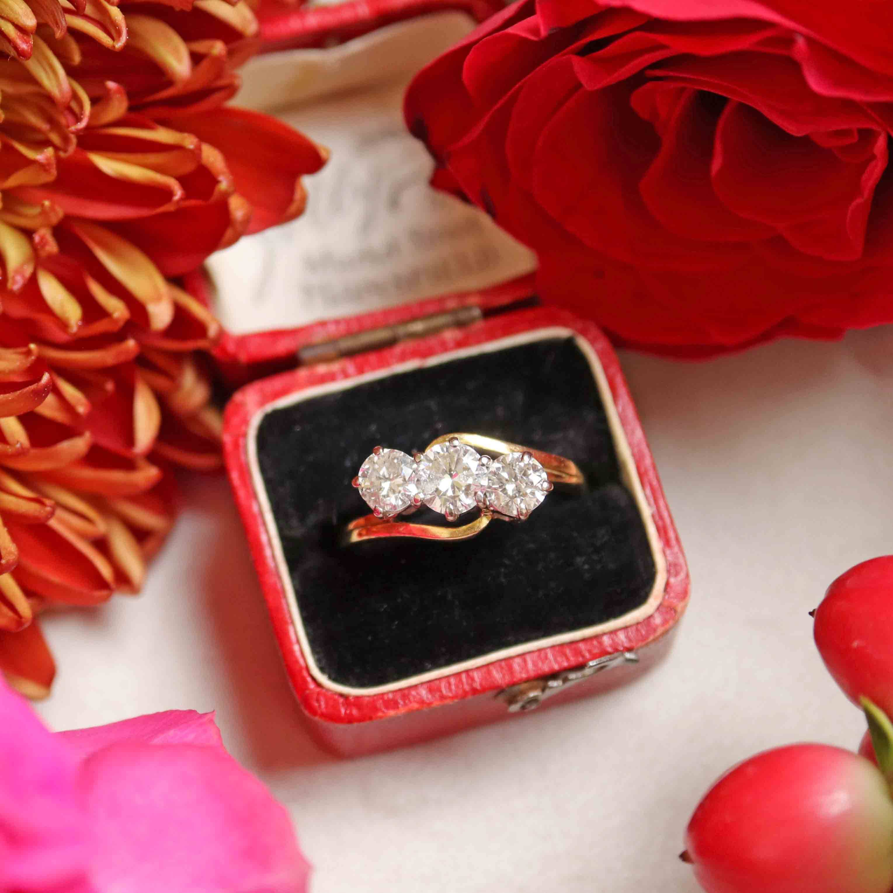 Ellibelle Jewellery Vintage Diamond 18ct Gold Three-Stone Crossover Engagement Ring (1.20cts)