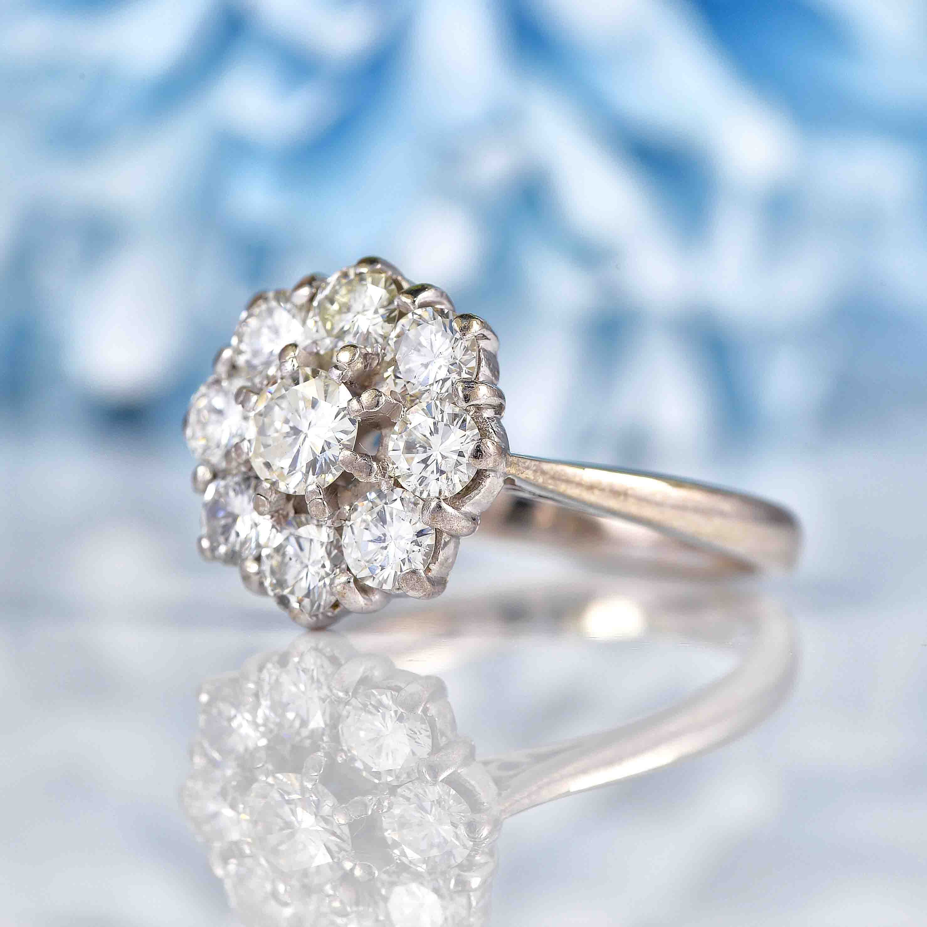 Ellibelle Jewellery Vintage Diamond 18ct White Gold Daisy Cluster Ring (1.45cts)