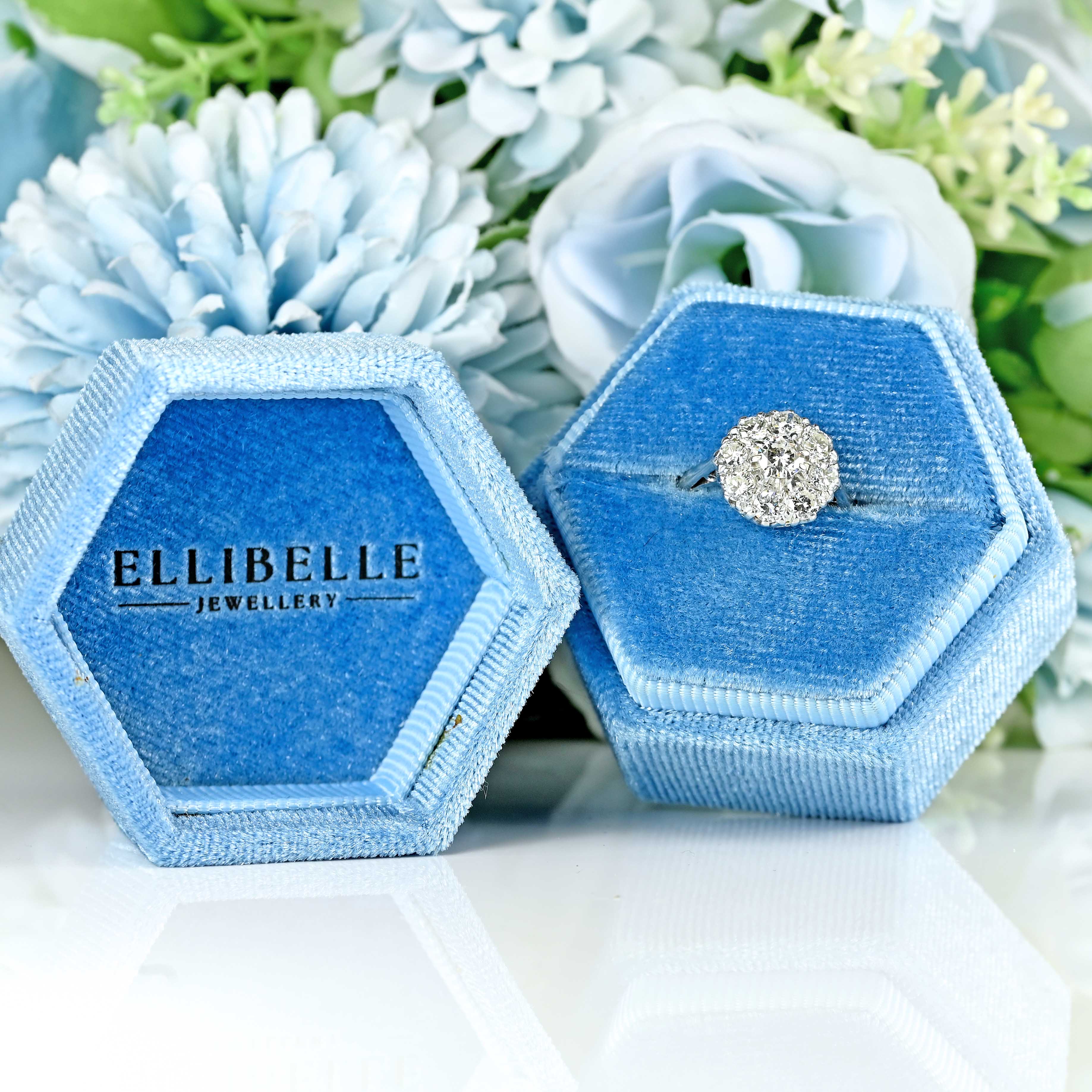 Ellibelle Jewellery Vintage Diamond 18ct White Gold Platinum Halo Cluster Ring (1.05cts)