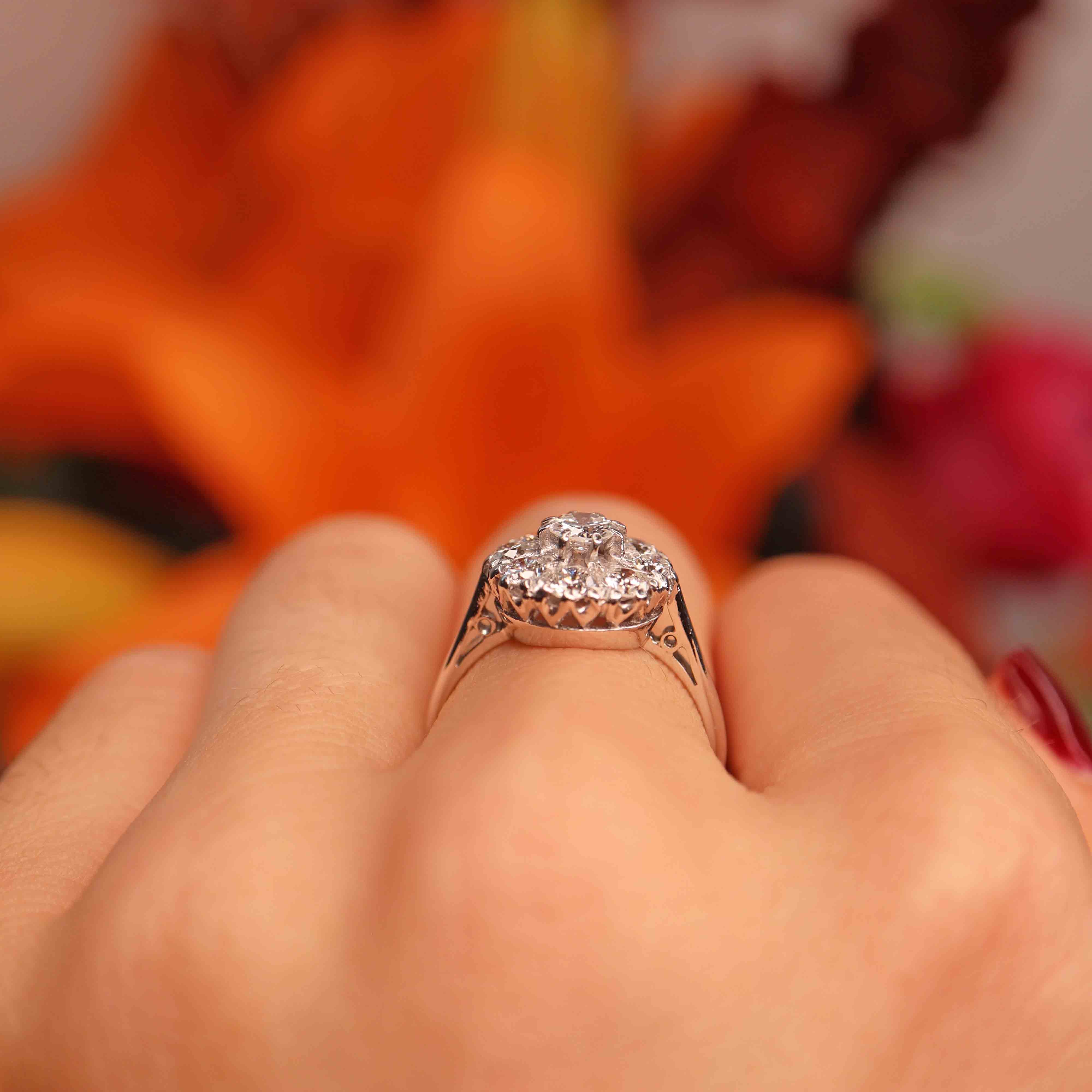 Ellibelle Jewellery Vintage Diamond 18ct White Gold Platinum Halo Cluster Ring (1.05cts)