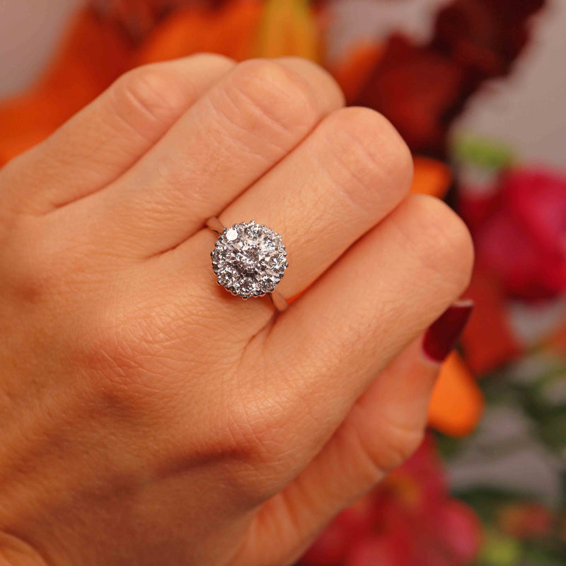 Ellibelle Jewellery Vintage Diamond 18ct White Gold Platinum Halo Cluster Ring (1.05cts)