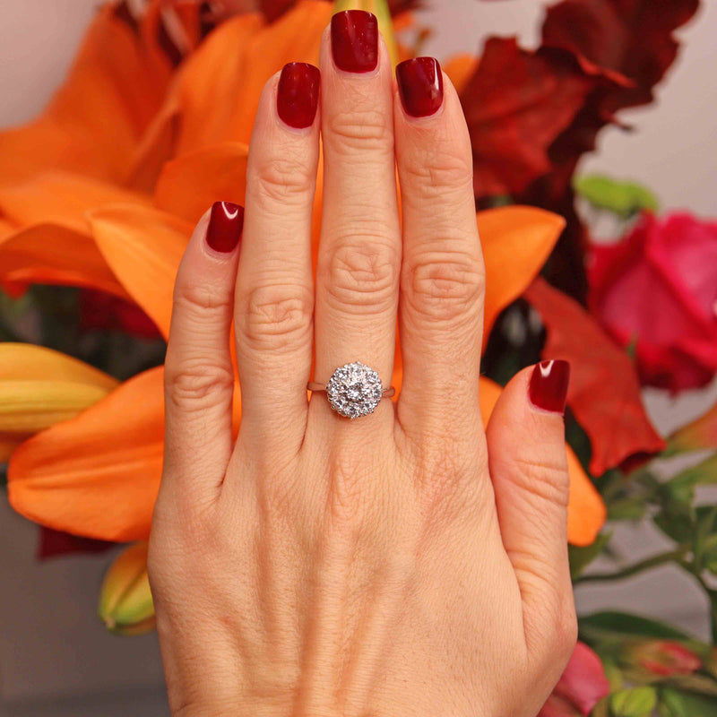 Ellibelle Jewellery Vintage Diamond 18ct White Gold Platinum Halo Cluster Ring (1.05cts)