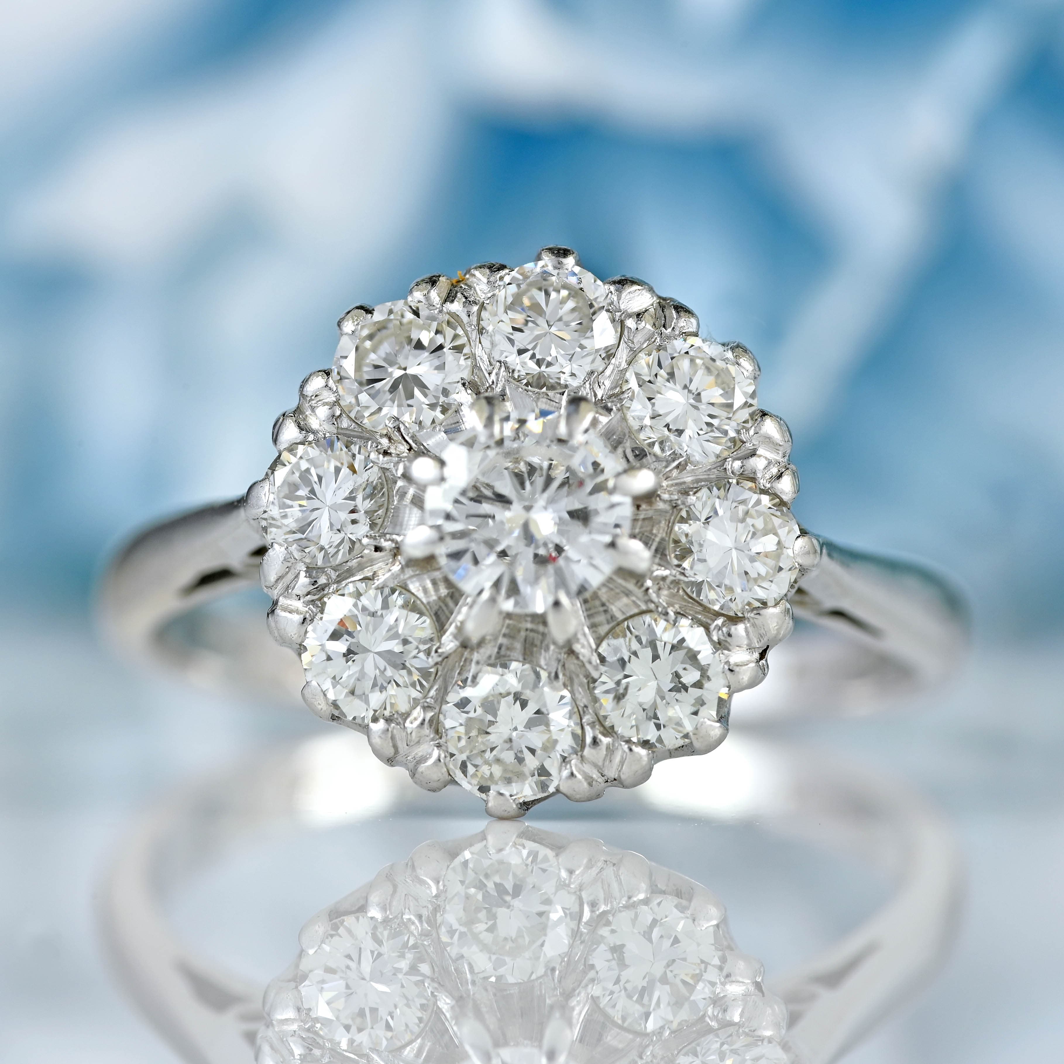 Ellibelle Jewellery Vintage Diamond 18ct White Gold Platinum Halo Cluster Ring (1.05cts)