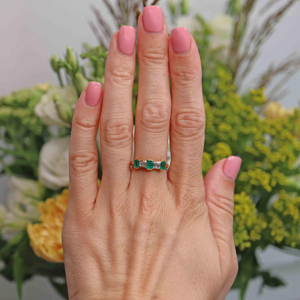 Ellibelle Jewellery Vintage Emerald & Baguette Diamond 18ct Gold Seven-Stone Ring