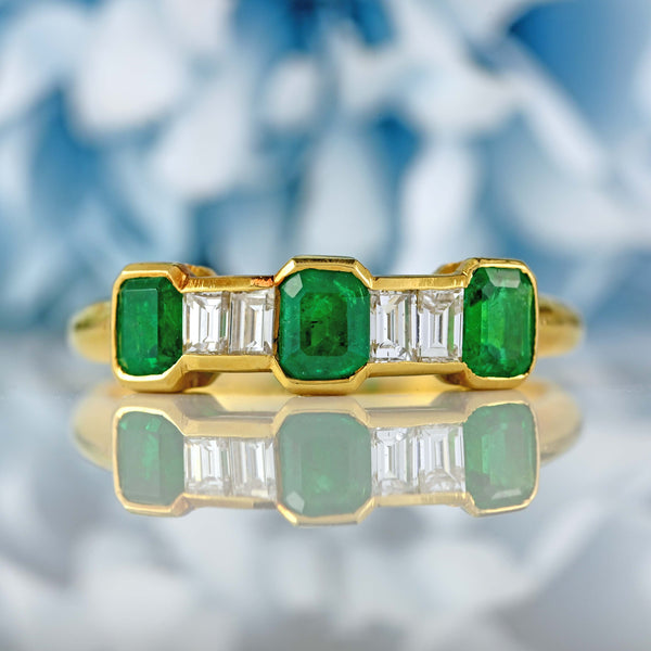 Ellibelle Jewellery Vintage Emerald & Baguette Diamond 18ct Gold Seven-Stone Ring