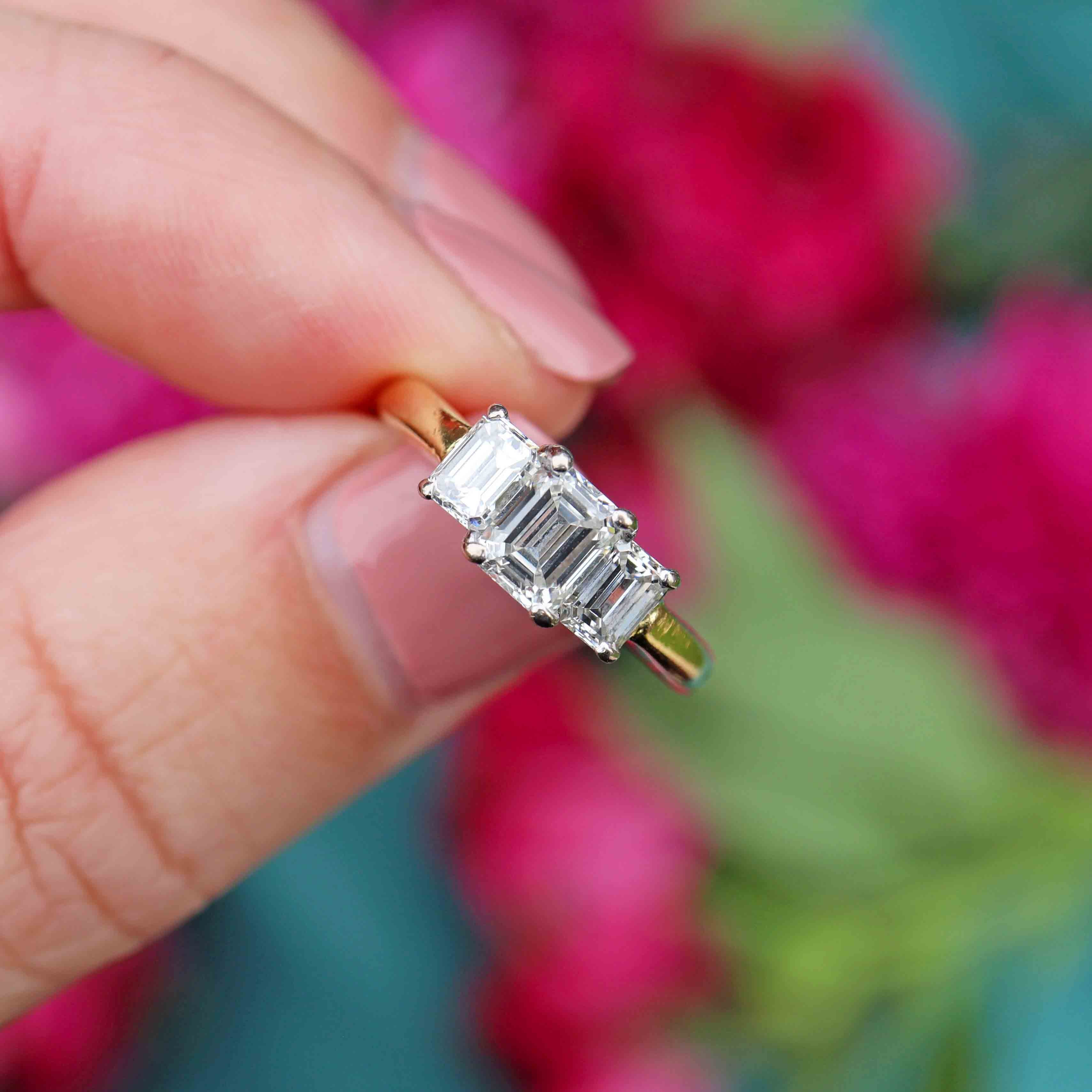 Ellibelle Jewellery Vintage Emerald-Cut Diamond 18ct Gold Three-Stone Engagement Ring (1.25cts)