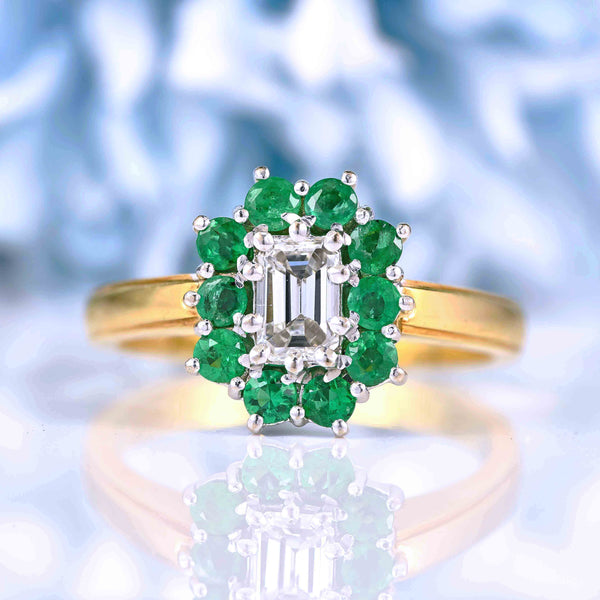 Ellibelle Jewellery Vintage Emerald-Cut Diamond & Emerald 18ct Gold Cluster Ring