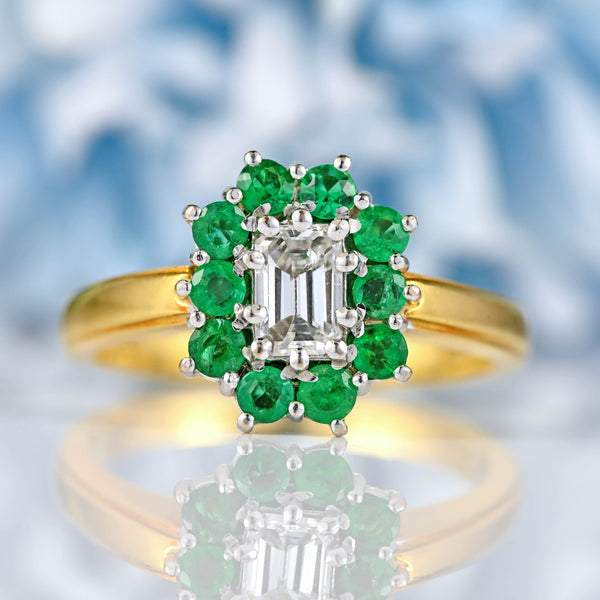 Ellibelle Jewellery Vintage Emerald-Cut Diamond & Emerald 18ct Gold Cluster Ring