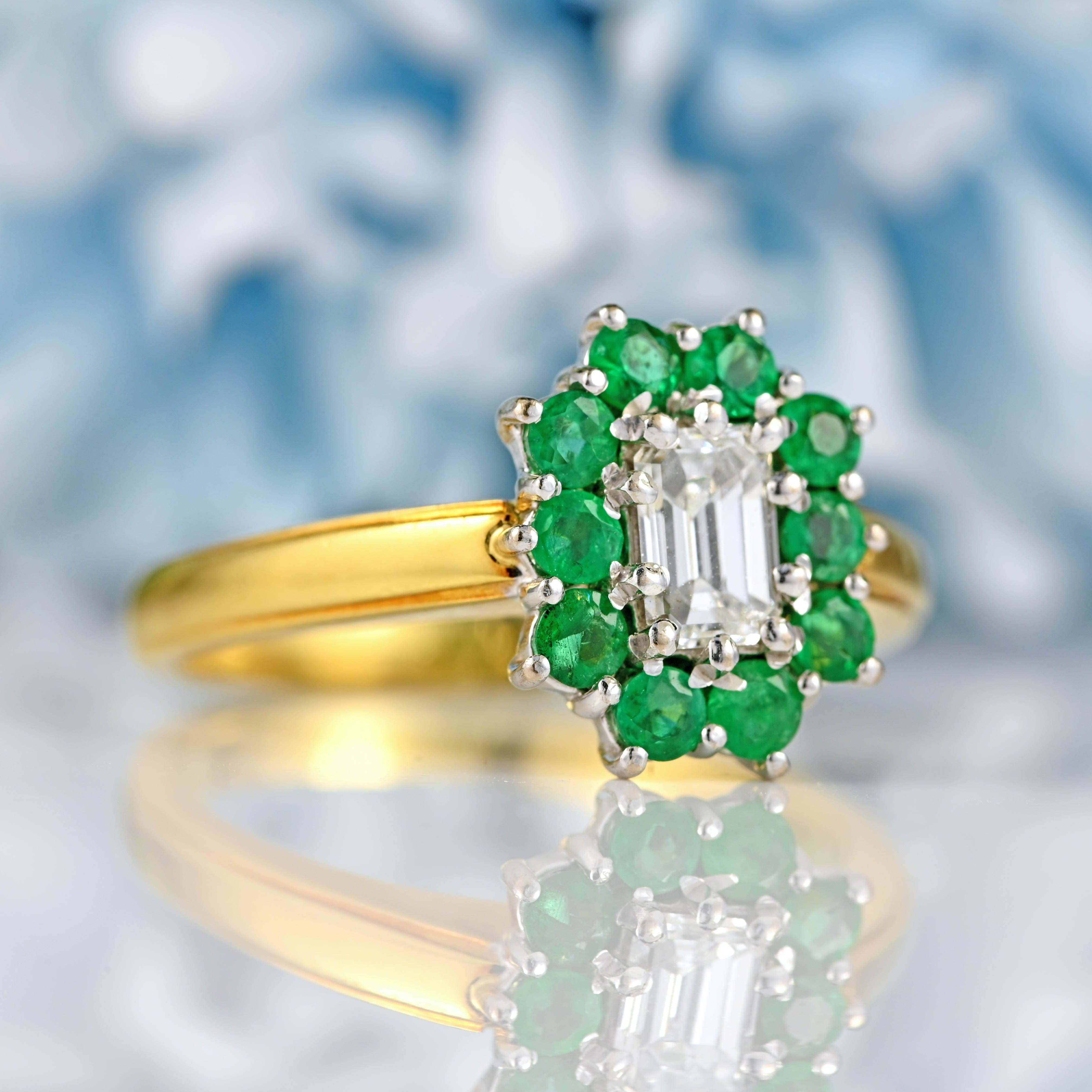 Ellibelle Jewellery Vintage Emerald-Cut Diamond & Emerald 18ct Gold Cluster Ring