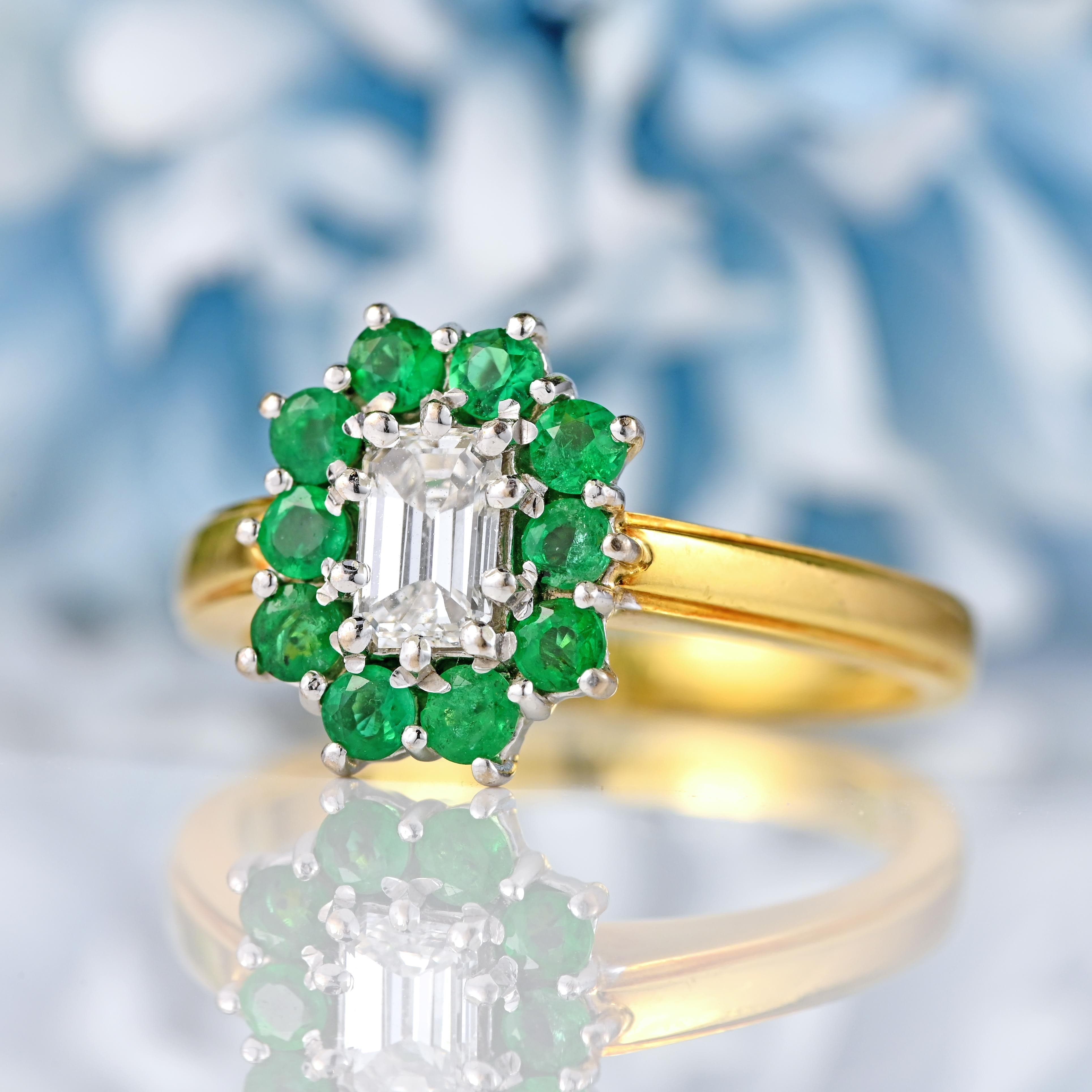 Ellibelle Jewellery Vintage Emerald-Cut Diamond & Emerald 18ct Gold Cluster Ring