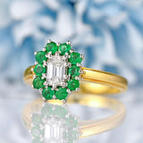 Ellibelle Jewellery Vintage Emerald-Cut Diamond & Emerald 18ct Gold Cluster Ring