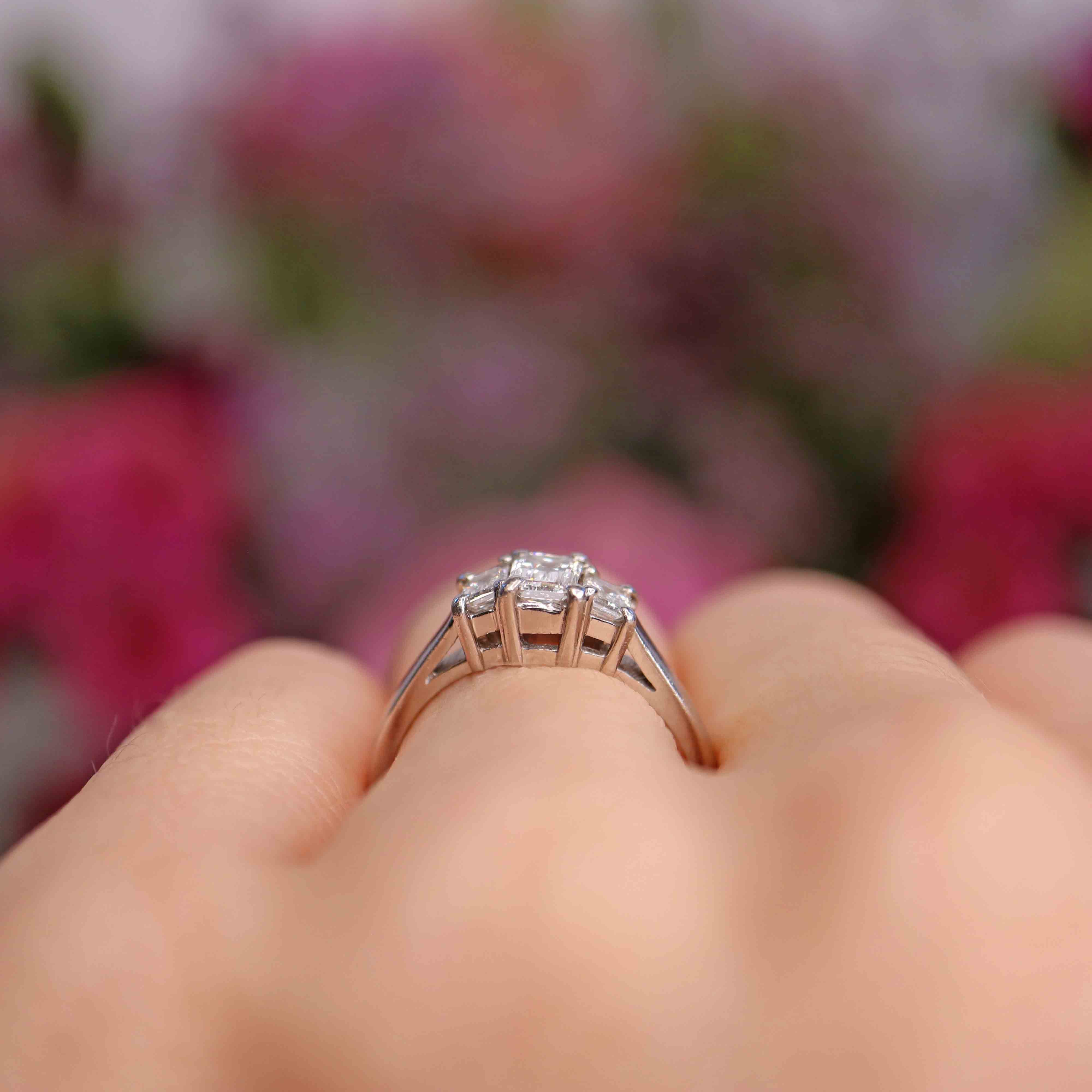 Ellibelle Jewellery Vintage Emerald-Cut Diamond Platinum Three-Stone Engagement Ring (0.75cts)