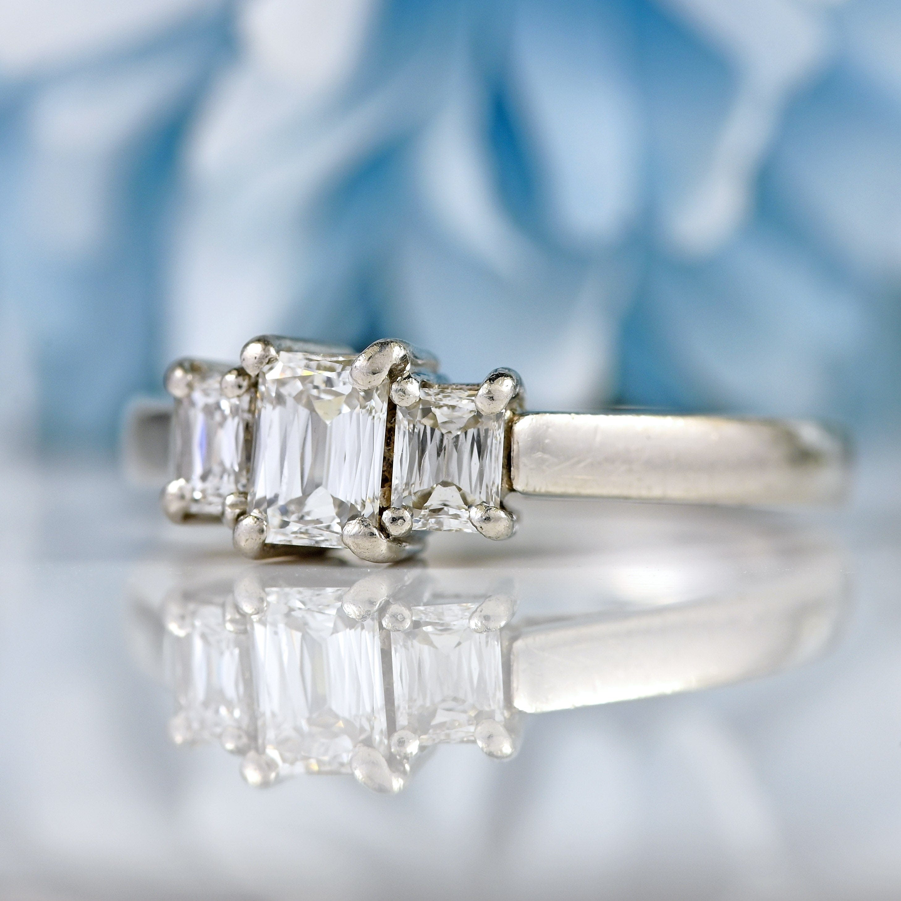 Ellibelle Jewellery Vintage Emerald-Cut Diamond Platinum Three-Stone Engagement Ring (0.75cts)