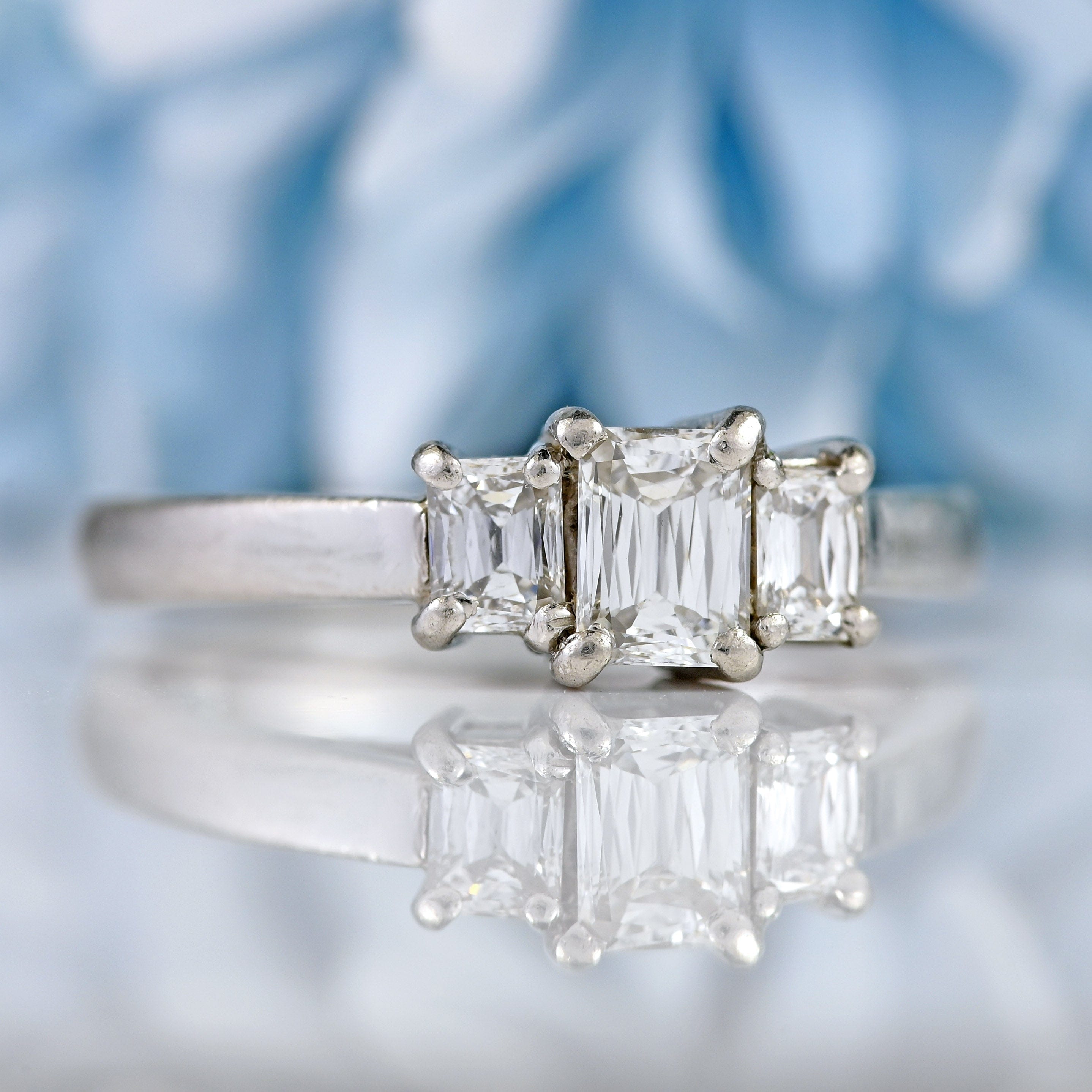 Ellibelle Jewellery Vintage Emerald-Cut Diamond Platinum Three-Stone Engagement Ring (0.75cts)