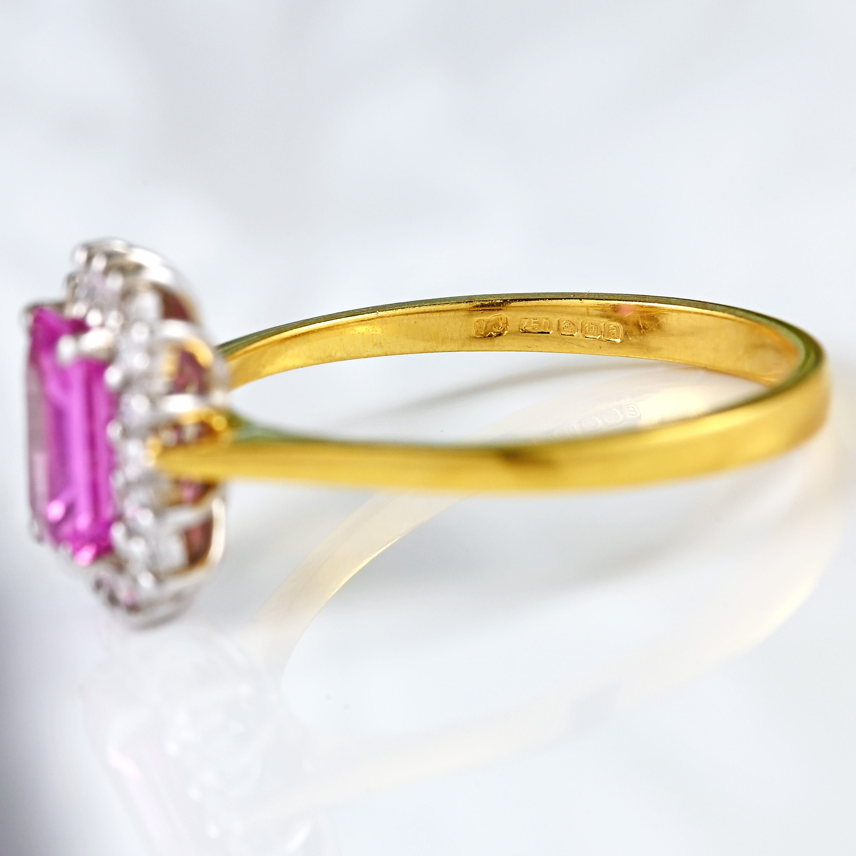 Ellibelle Jewellery Vintage Emerald-Cut Pink Sapphire & Diamond 18ct Gold Cluster Engagement Ring