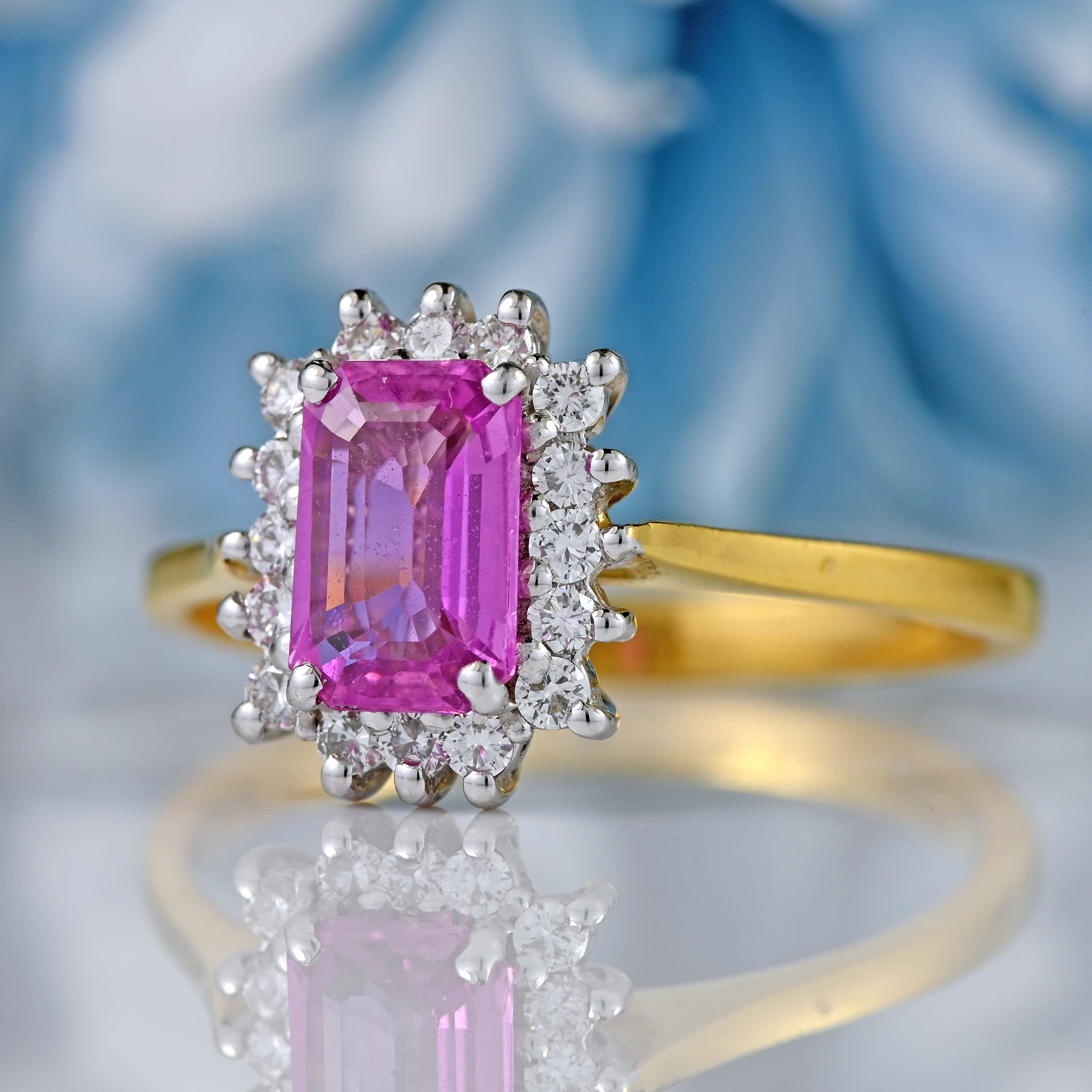 Ellibelle Jewellery Vintage Emerald-Cut Pink Sapphire & Diamond 18ct Gold Cluster Engagement Ring