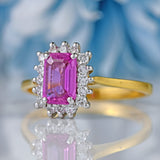 Ellibelle Jewellery Vintage Emerald-Cut Pink Sapphire & Diamond 18ct Gold Cluster Engagement Ring