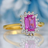 Ellibelle Jewellery Vintage Emerald-Cut Pink Sapphire & Diamond 18ct Gold Cluster Engagement Ring