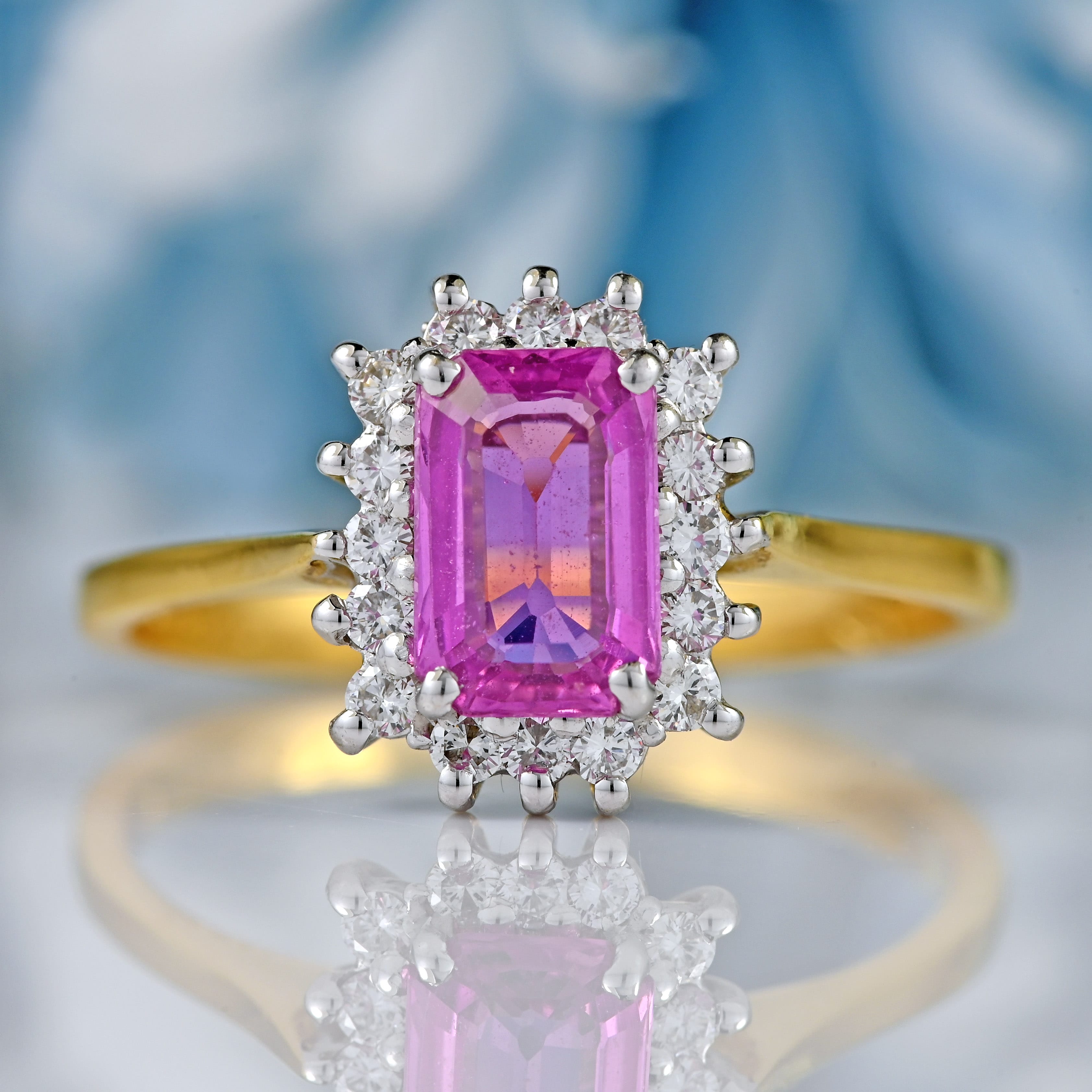 Ellibelle Jewellery Vintage Emerald-Cut Pink Sapphire & Diamond 18ct Gold Cluster Engagement Ring