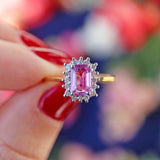 Ellibelle Jewellery Vintage Emerald-Cut Pink Sapphire & Diamond 18ct Gold Cluster Engagement Ring