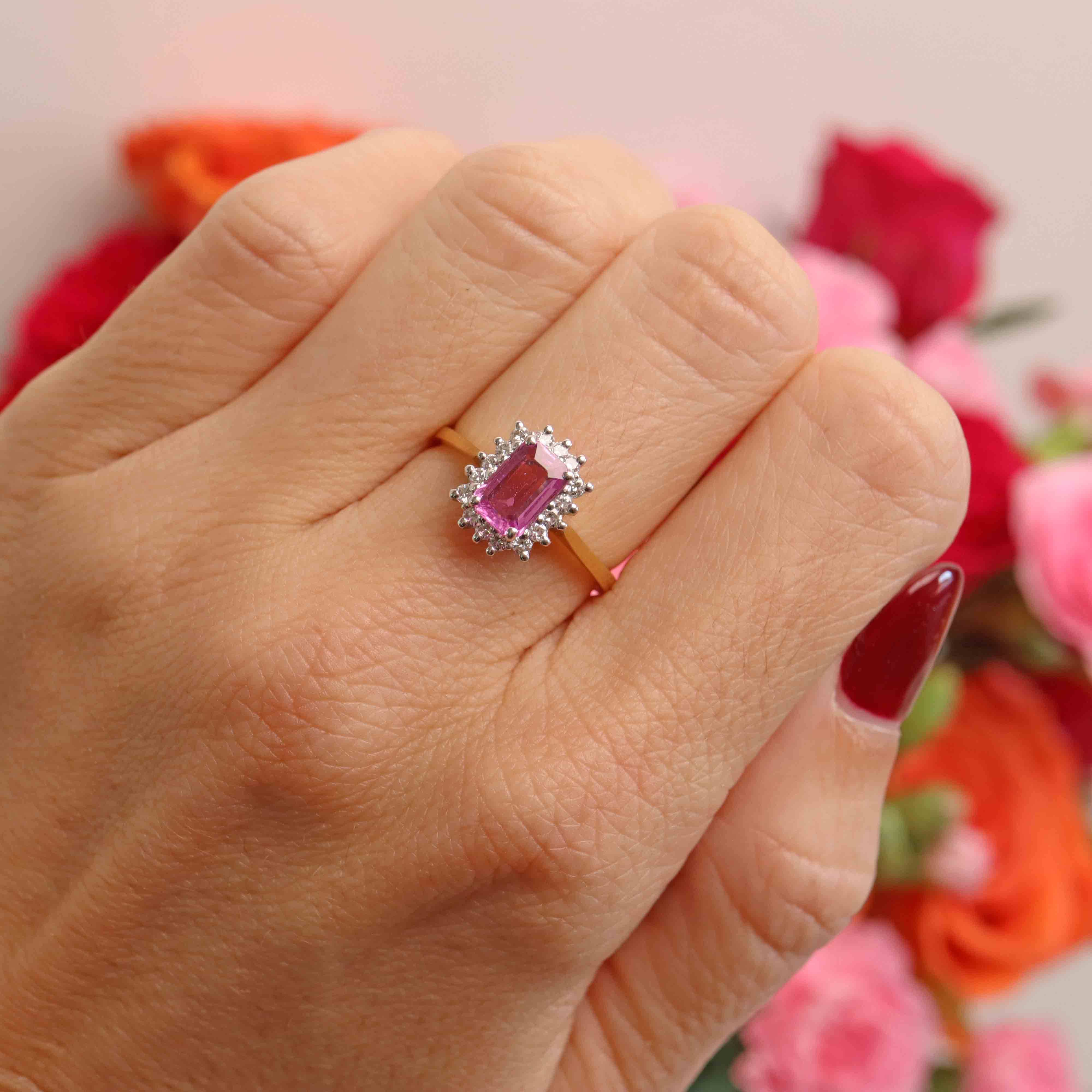 Ellibelle Jewellery Vintage Emerald-Cut Pink Sapphire & Diamond 18ct Gold Cluster Engagement Ring