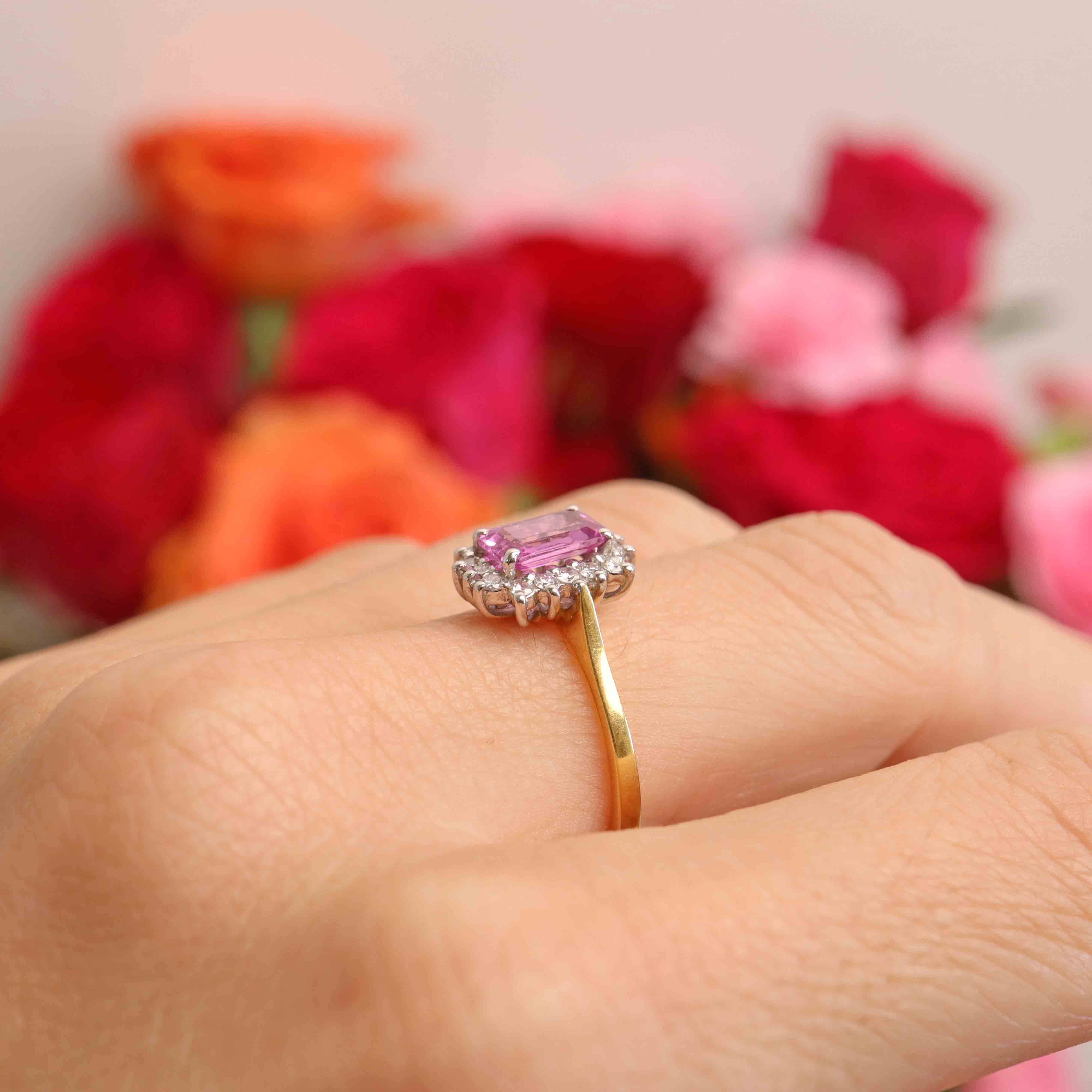 Ellibelle Jewellery Vintage Emerald-Cut Pink Sapphire & Diamond 18ct Gold Cluster Engagement Ring
