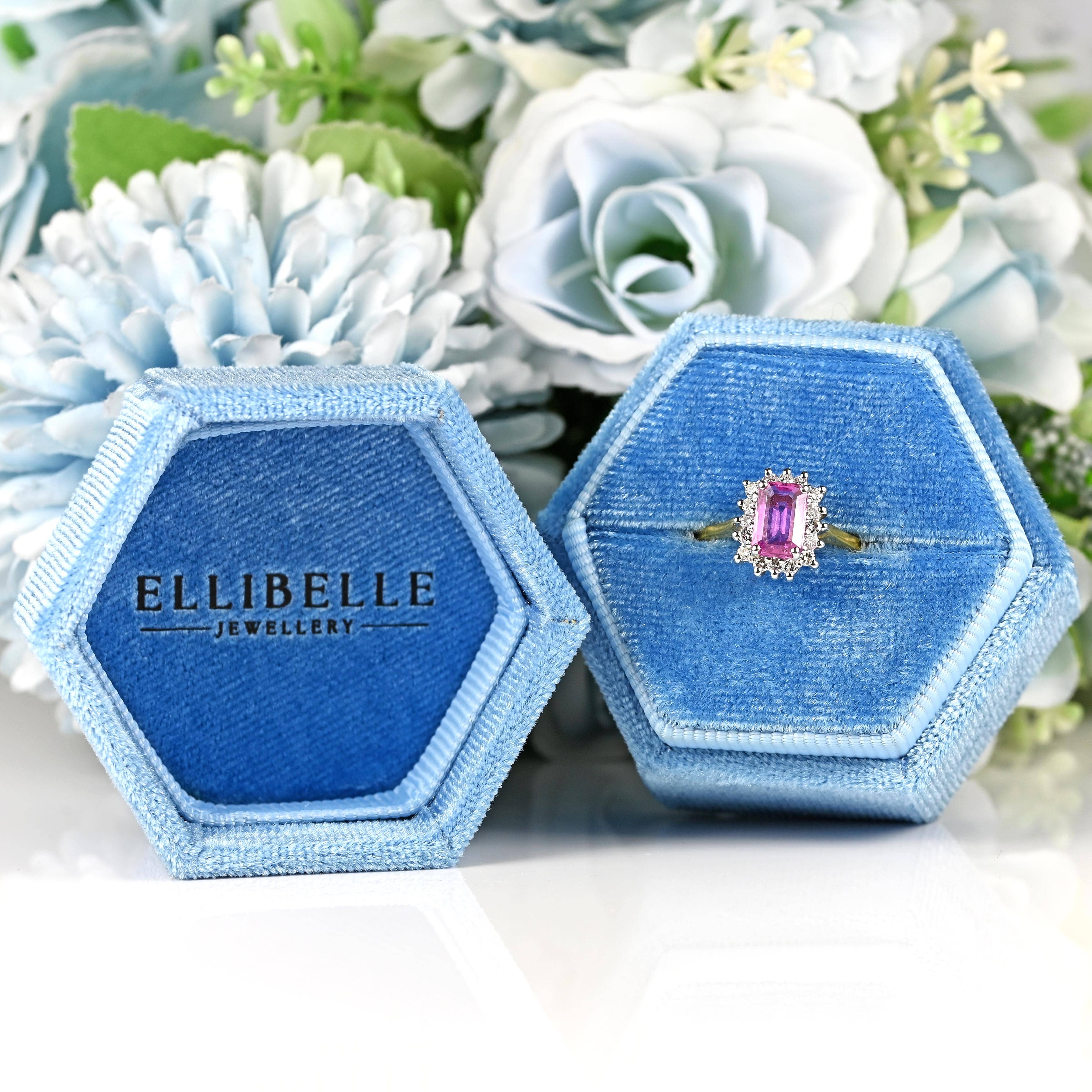 Ellibelle Jewellery Vintage Emerald-Cut Pink Sapphire & Diamond 18ct Gold Cluster Engagement Ring