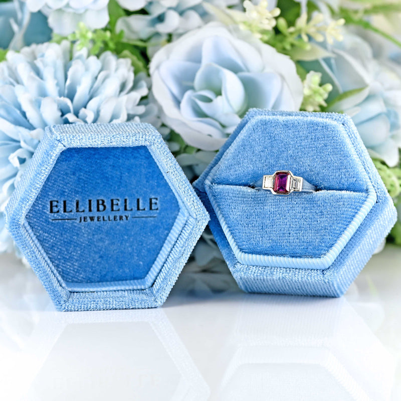 Ellibelle Jewellery Vintage Emerald-Cut Ruby & Baguette Diamond 18ct White Gold Three-Stone Ring