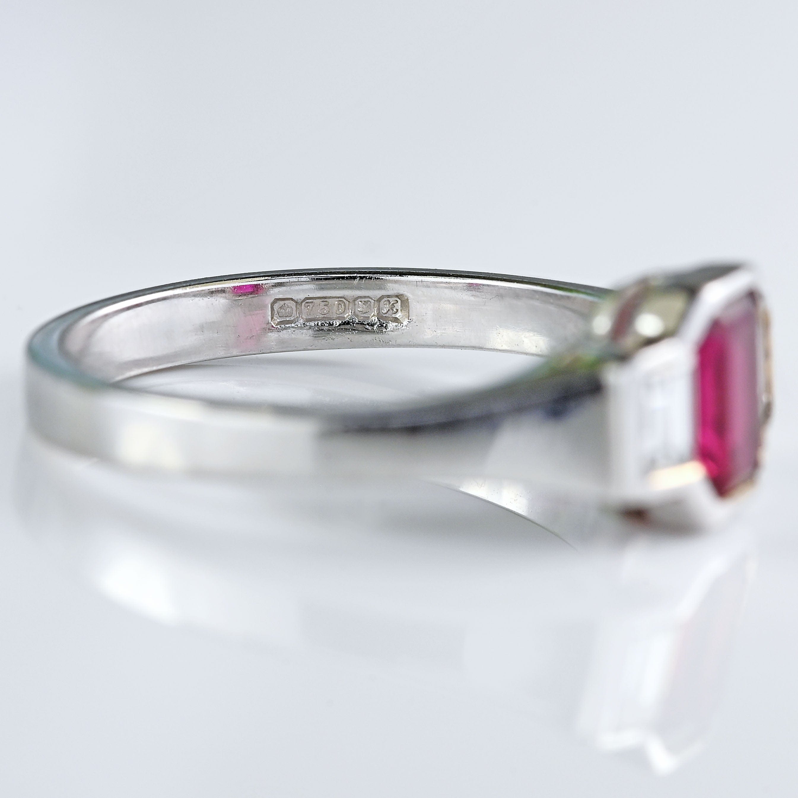 Ellibelle Jewellery Vintage Emerald-Cut Ruby & Baguette Diamond 18ct White Gold Three-Stone Ring