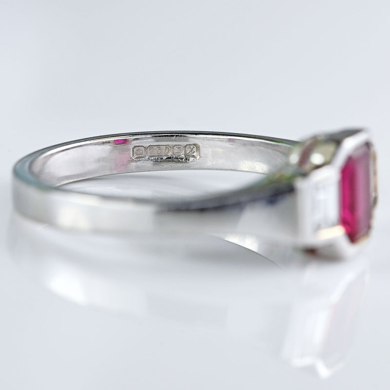 Ellibelle Jewellery Vintage Emerald-Cut Ruby & Baguette Diamond 18ct White Gold Three-Stone Ring