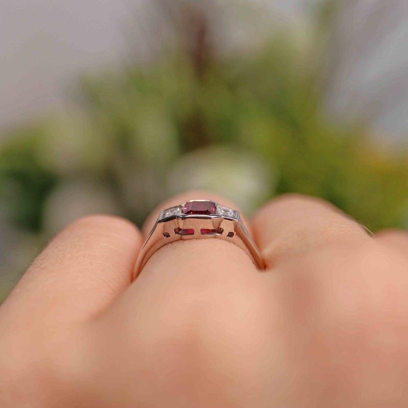 Ellibelle Jewellery Vintage Emerald-Cut Ruby & Baguette Diamond 18ct White Gold Three-Stone Ring