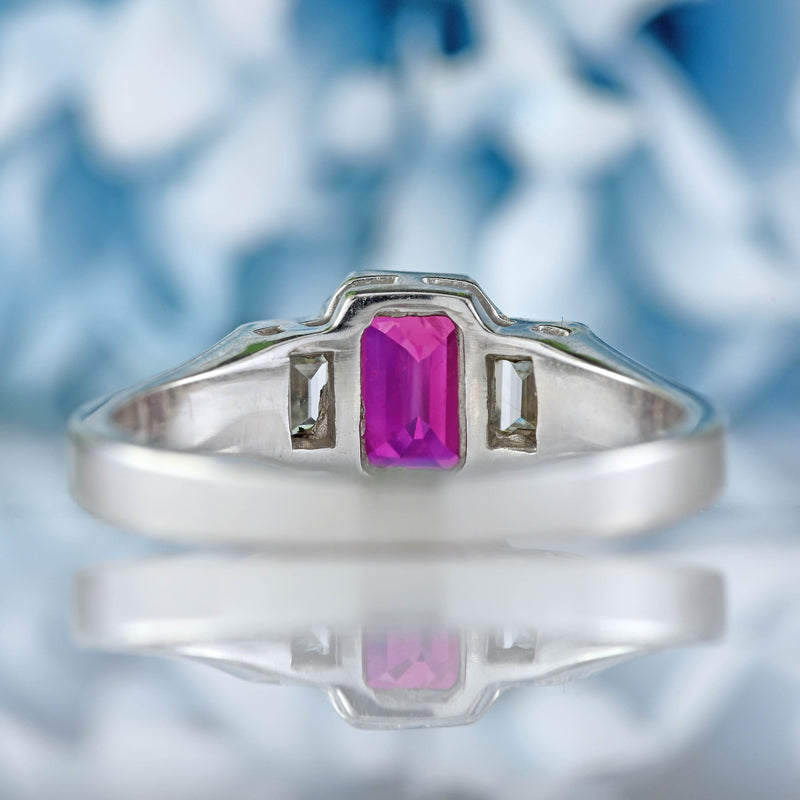 Ellibelle Jewellery Vintage Emerald-Cut Ruby & Baguette Diamond 18ct White Gold Three-Stone Ring