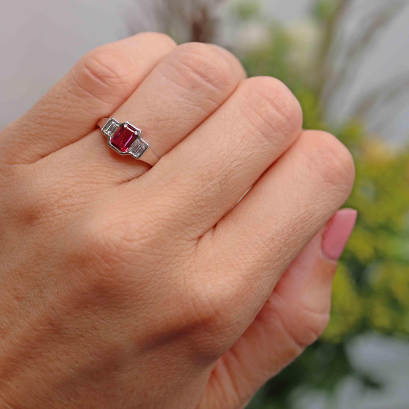 Ellibelle Jewellery Vintage Emerald-Cut Ruby & Baguette Diamond 18ct White Gold Three-Stone Ring