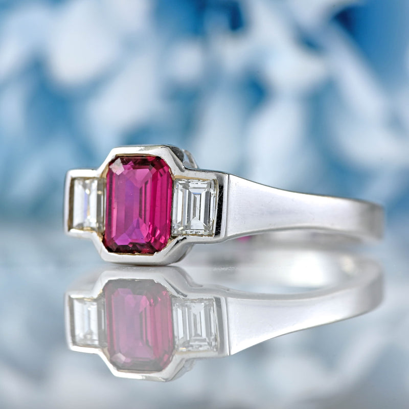 Ellibelle Jewellery Vintage Emerald-Cut Ruby & Baguette Diamond 18ct White Gold Three-Stone Ring
