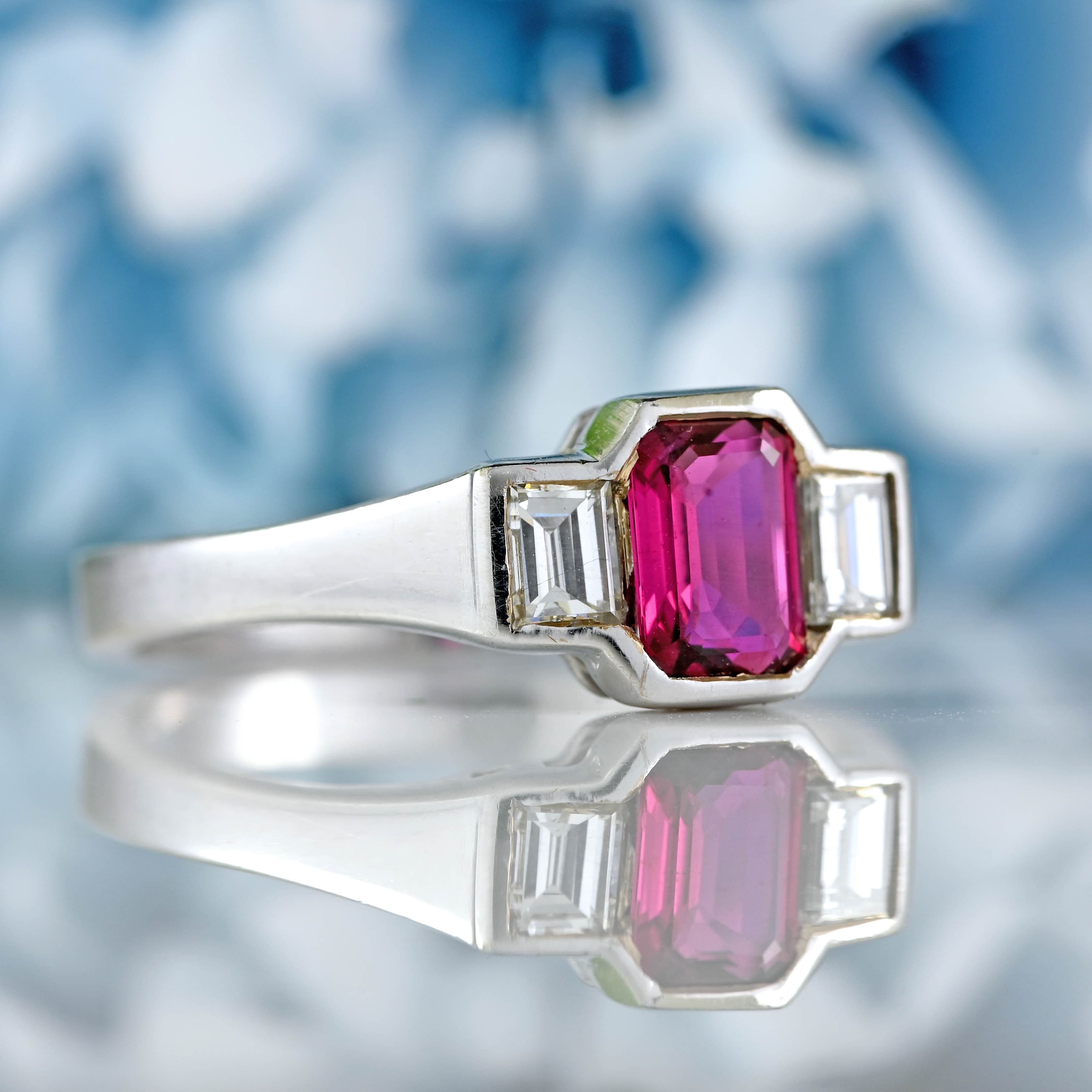 Ellibelle Jewellery Vintage Emerald-Cut Ruby & Baguette Diamond 18ct White Gold Three-Stone Ring